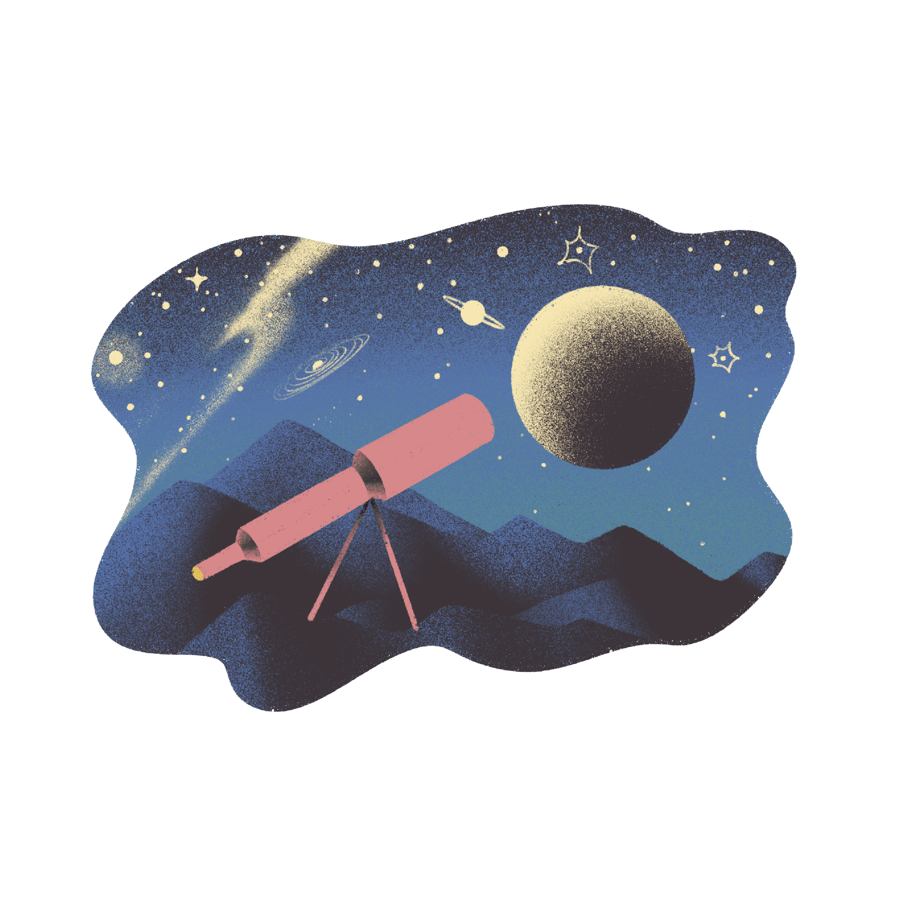 Illustration of a stargazing scene with a telescope on a tripod pointed towards the night sky. Visible are stars, a large planet, a galaxy, and Saturn with its rings, set against a backdrop of rolling hills in shades of blue and purple.