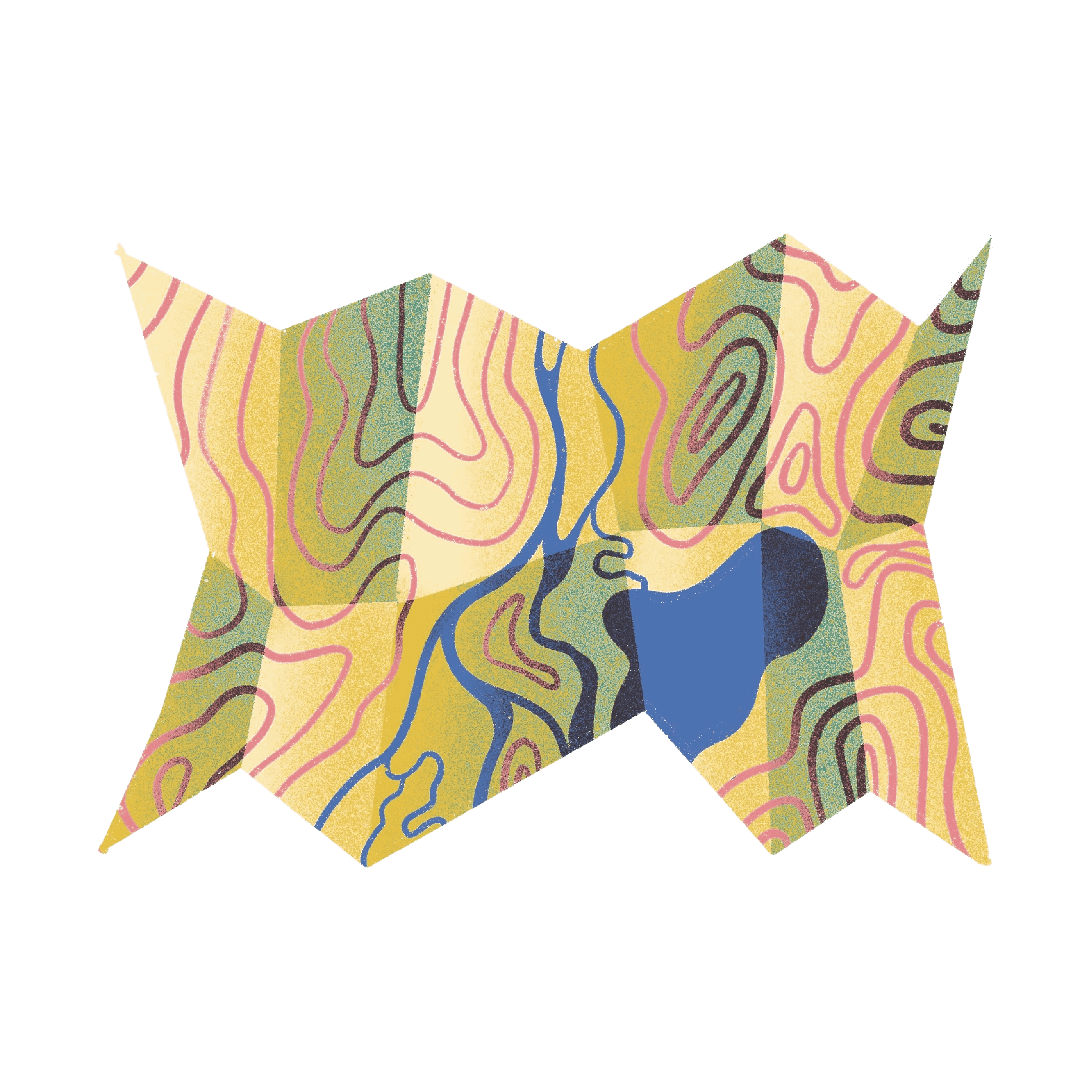 Abstract geometric shape featuring a mix of pastel colors with wavy contour lines. The shape is irregular, with a patchwork of yellow, green, and purple sections. A blue, water-like form runs through the middle, resembling a topographical map.