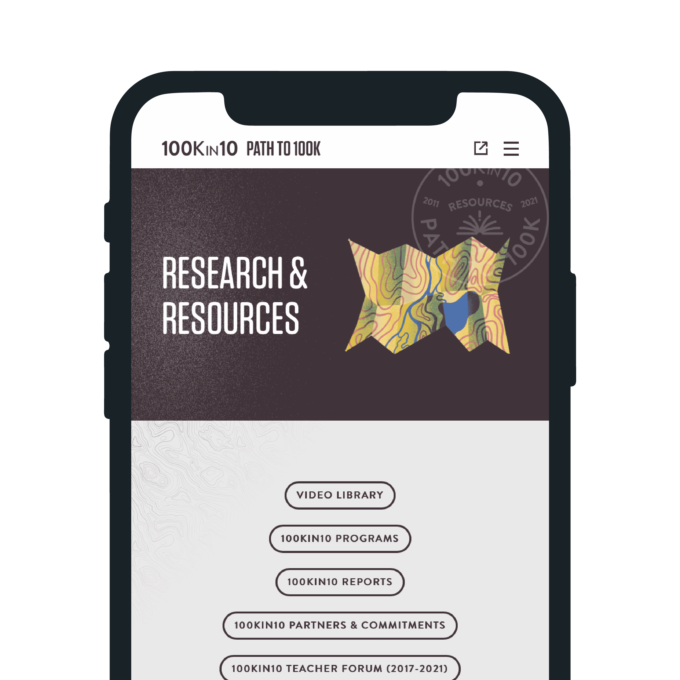 A mobile screen displays the "Path to 100K" website from 100Kin10, focusing on "Research & Resources." The page features a colorful graphic and navigation buttons including "Video Library," "100Kin10 Programs," and more options for reports and forums.