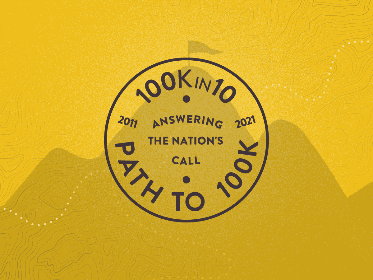 A circular emblem with a flag on top reads "100K in 10" with the years "2011" and "2021" on either side. The words "Answering the Nation's Call" are in the center, and "Path to 100K" is curved along the bottom. The background is a yellow, stylized landscape.