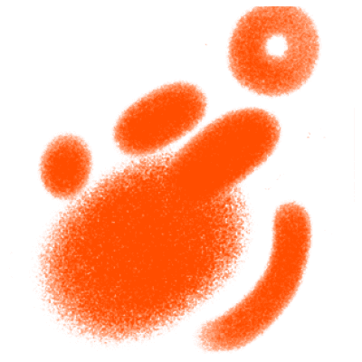 An abstract digital design featuring bold, irregular orange shapes and splatters on a white background, creating an impression of dynamic movement and fluidity.