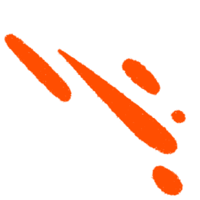 An abstract design featuring vivid orange paint splatters on a black background. The splatters vary in shape and size, with some elongated and others more rounded. The overall effect is dynamic and striking.