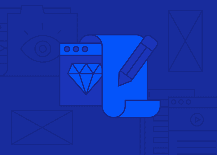 Illustration of a web design interface on a blue background. The design features a web browser window with a diamond icon, a rolled-up document, and a pencil. Faint outlines of web elements like a browser with an eye and layout diagrams are in the background.