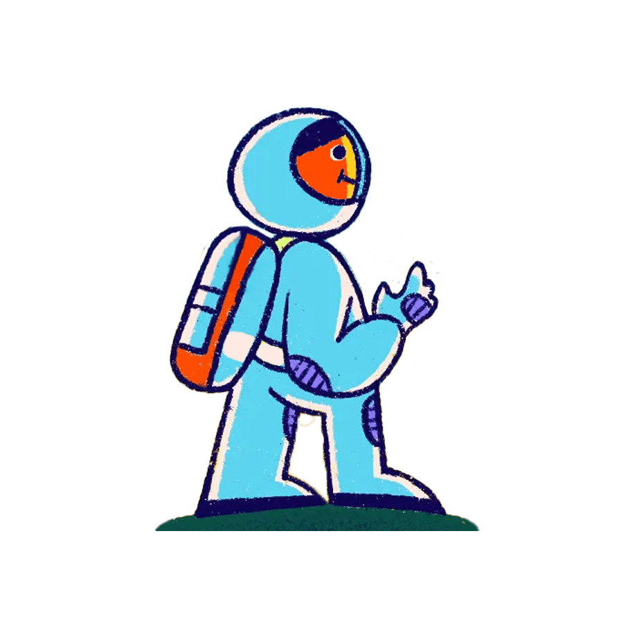 Cartoon astronaut in a blue suit holding white flowers, standing on green grass. The suit has orange accents. The character appears cheerful, looking upwards.