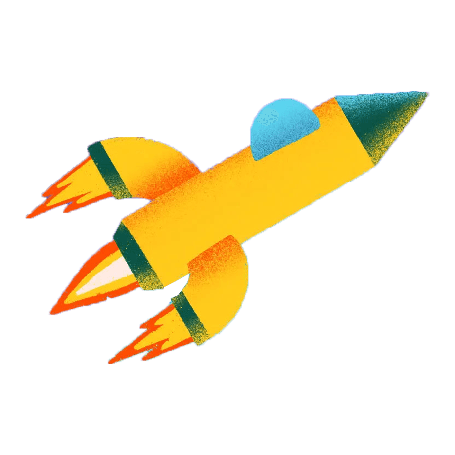 Illustration of a yellow and orange rocket with blue accents, flying diagonally upwards from bottom left to top right, leaving a fiery trail. The background is white.