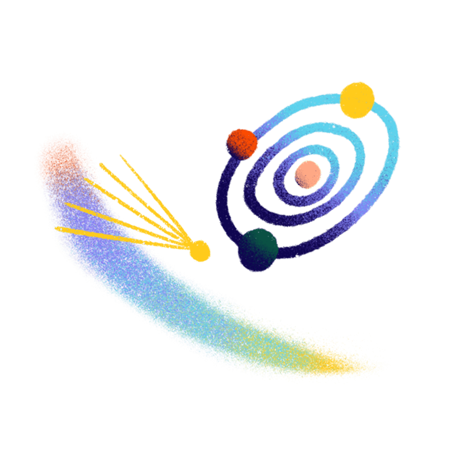 Abstract digital art with vibrant colors featuring a swirling pattern. Dominant shades include red, blue, orange, and yellow, creating a sense of dynamic motion and energy over a white background.