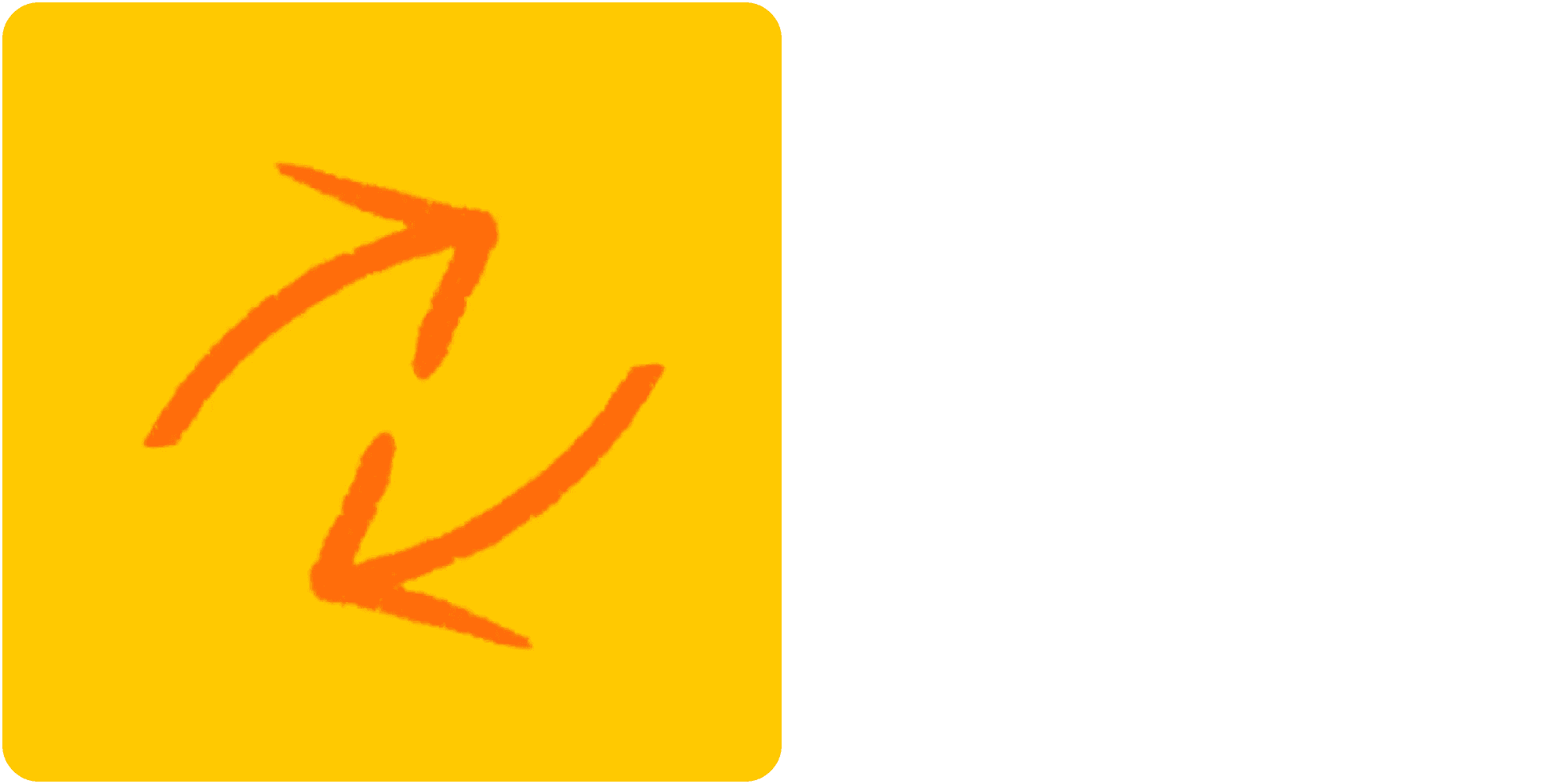 A pair of orange arrows forming a circle on a yellow square background. One arrow points upwards to the left, while the other points downwards to the right, indicating a continuous cycle or rotation.