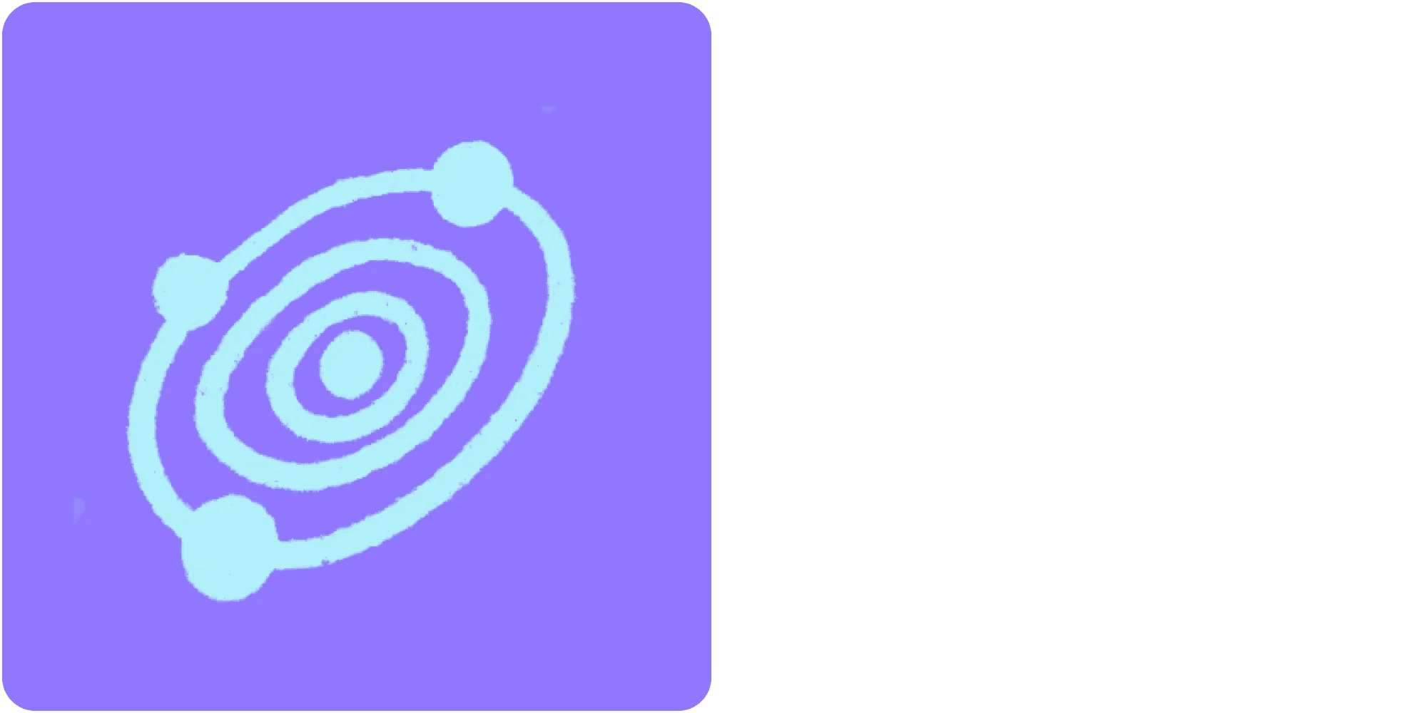 The image features a simple, stylized representation of a solar system. Three circular orbits with two small planets and one larger planet are depicted in a light blue color against a purple background.