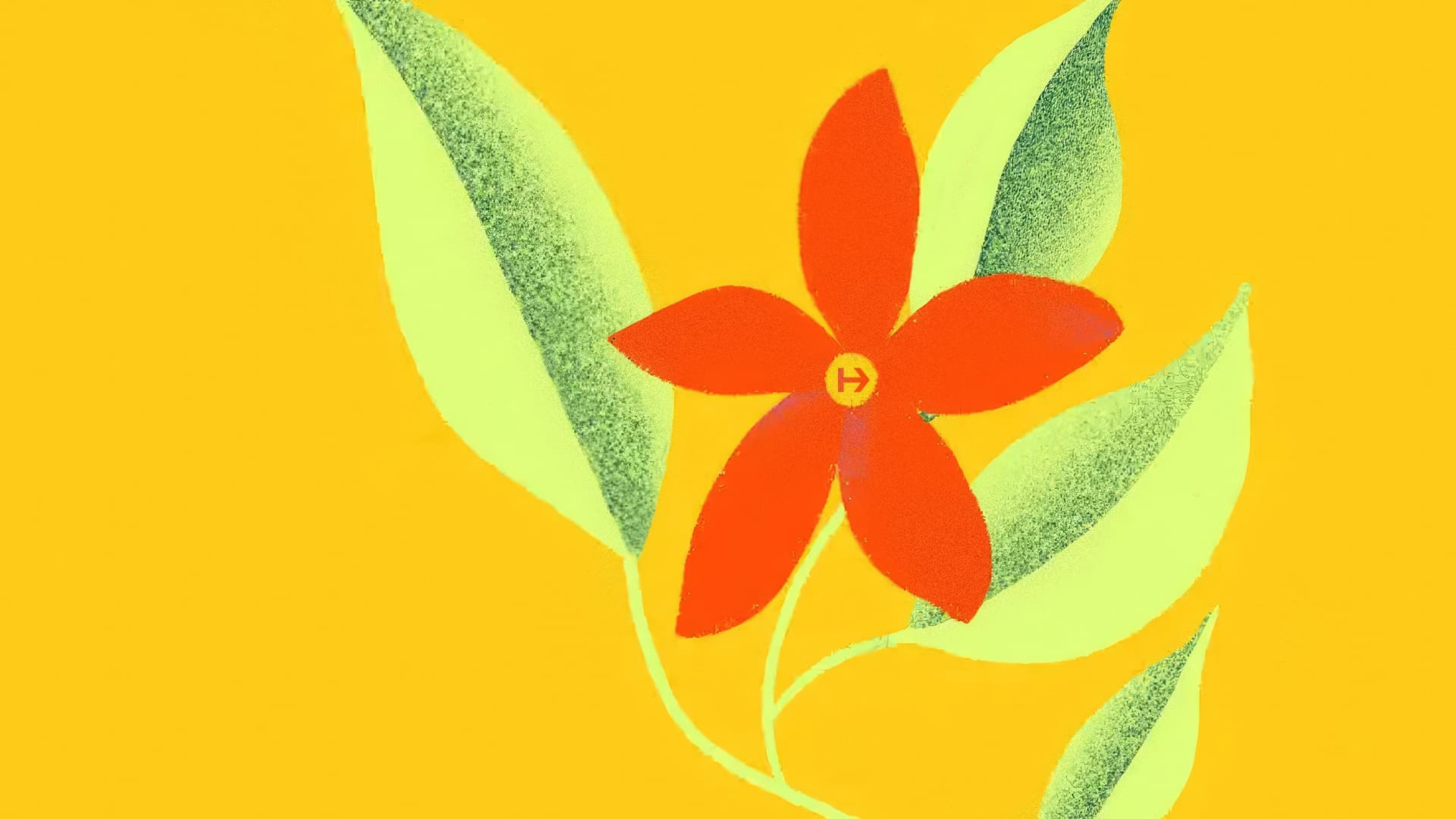 A simple illustration of a red five-petaled flower with a yellow center, surrounded by green leaves, set against a bright yellow background.