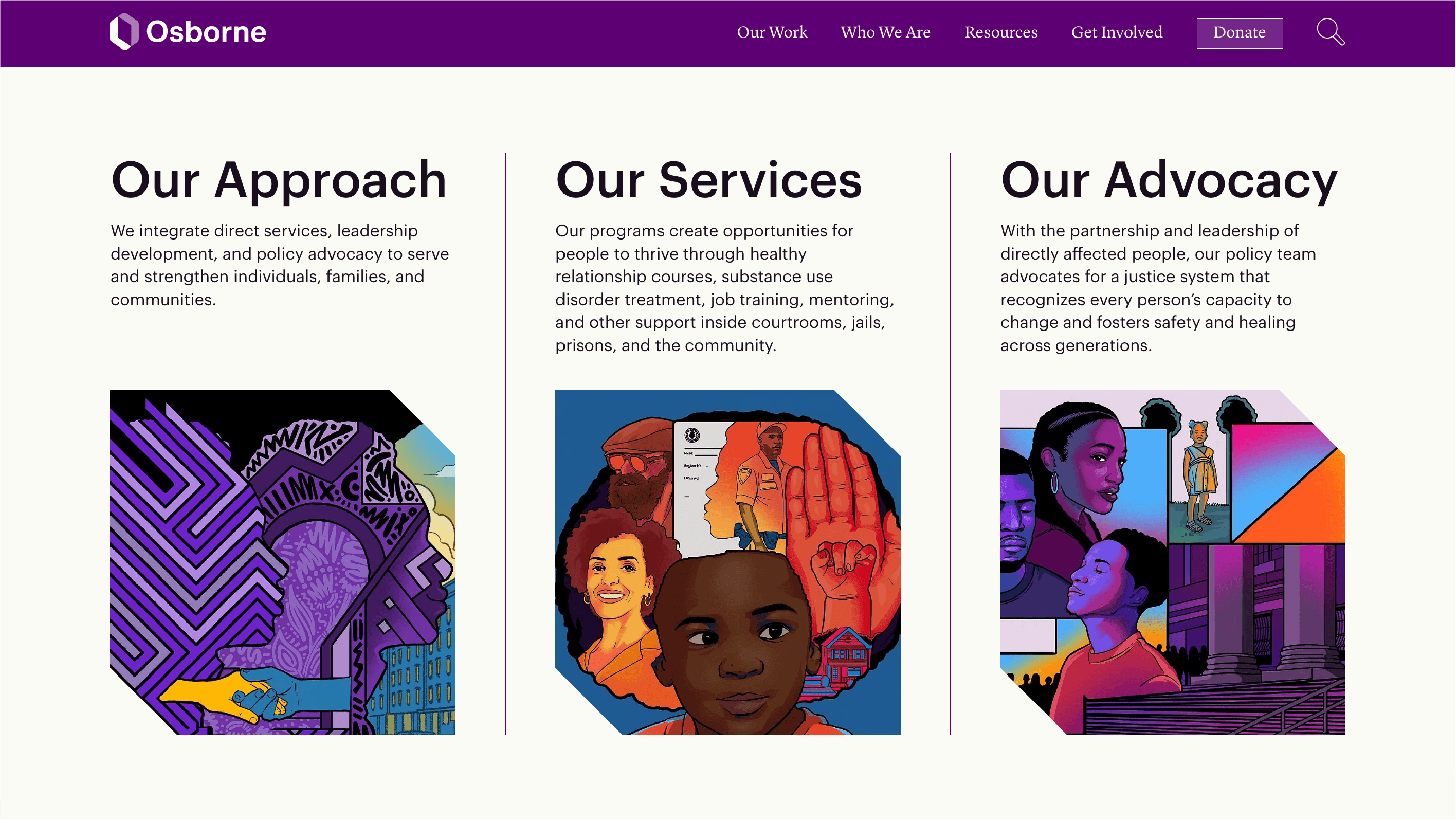 A webpage with three sections titled "Our Approach," "Our Services," and "Our Advocacy." Each section has colorful illustrations of people and activities. The page header has a logo and navigation links for "Our Work," "Who We Are," "Resources," "Get Involved," and "Donate.