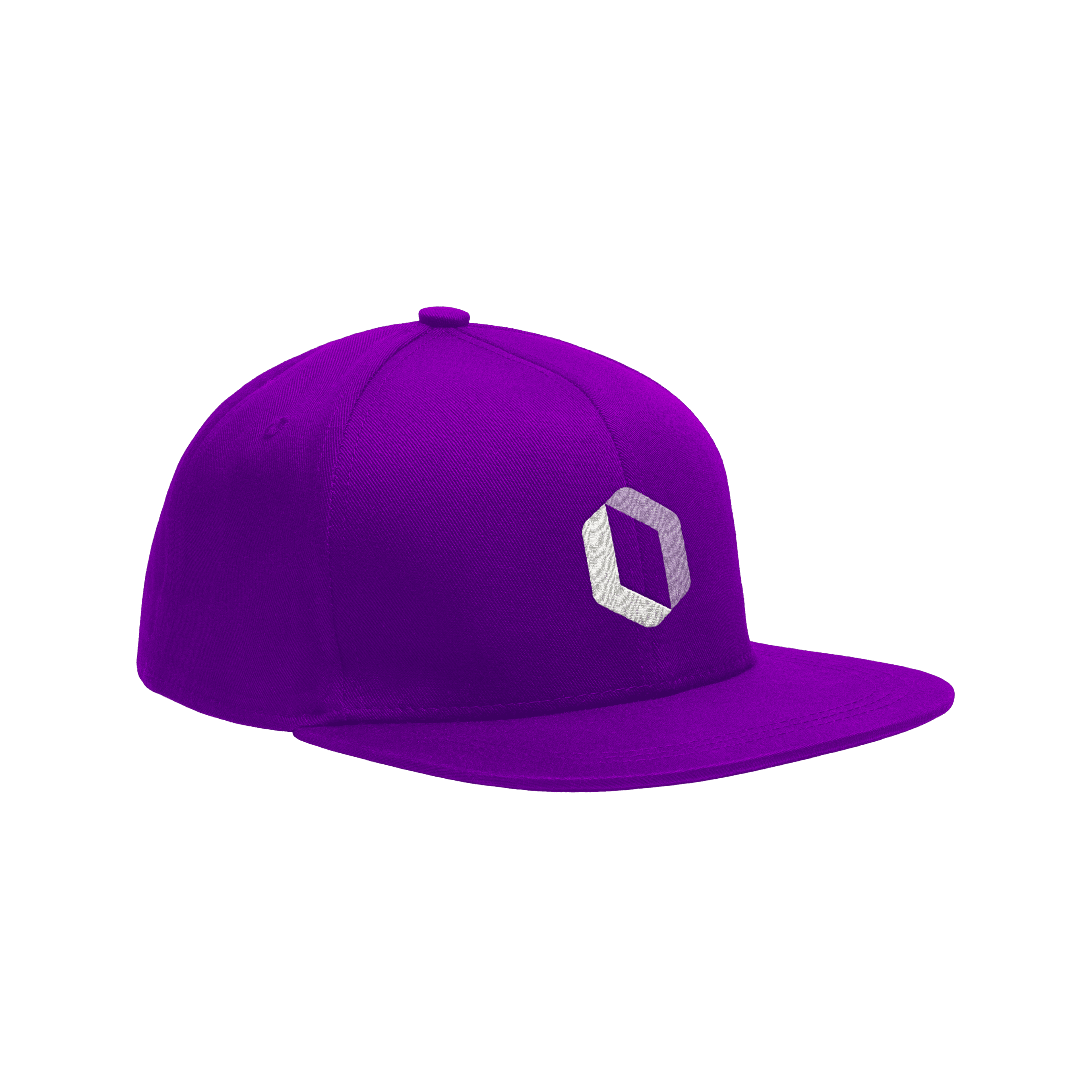 A vibrant purple baseball cap featuring a white geometric hexagon logo on the front panel. The cap has a flat brim and a button on top, with a structured crown.