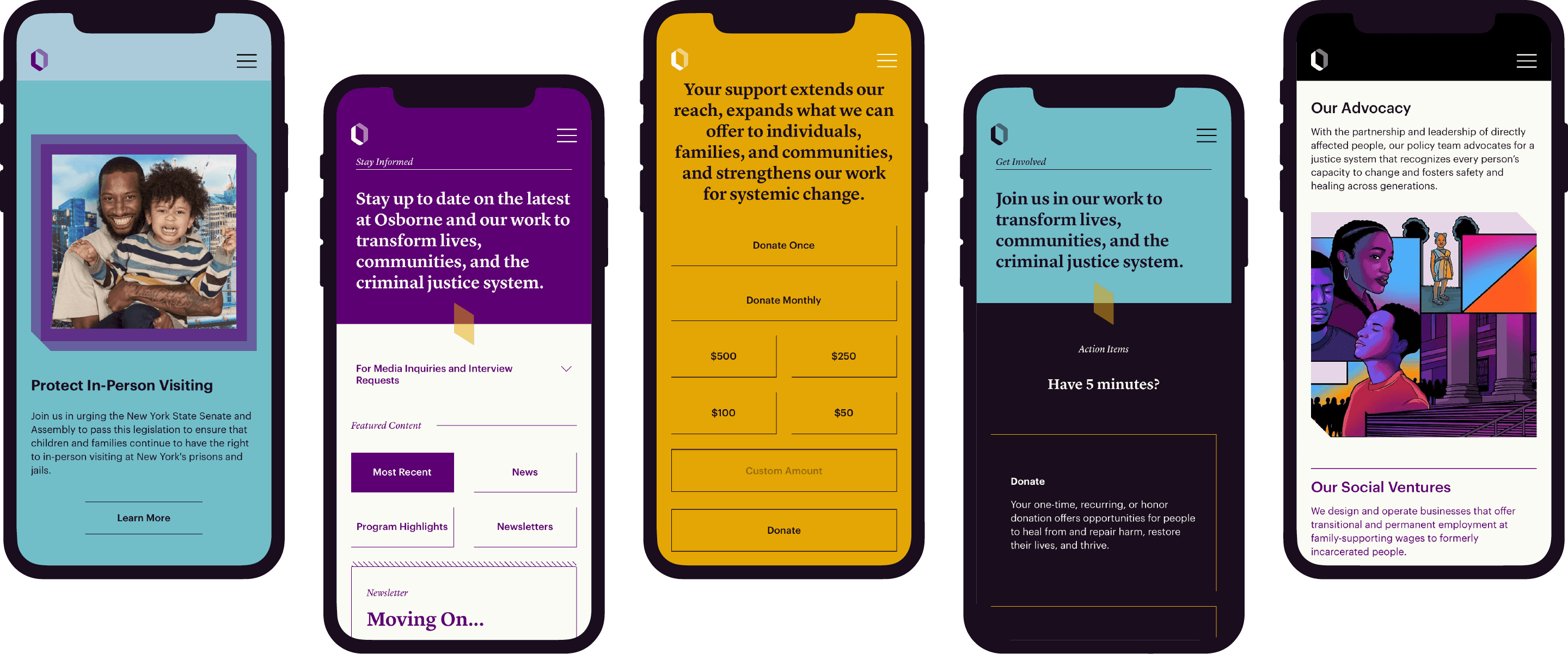 Five smartphone screens show a nonprofit's website sections, featuring an in-person visiting program, newsletter sign-up, donation prompt, volunteer info, and advocacy work. The screens display images of diverse individuals and colorful design elements, including graphics.