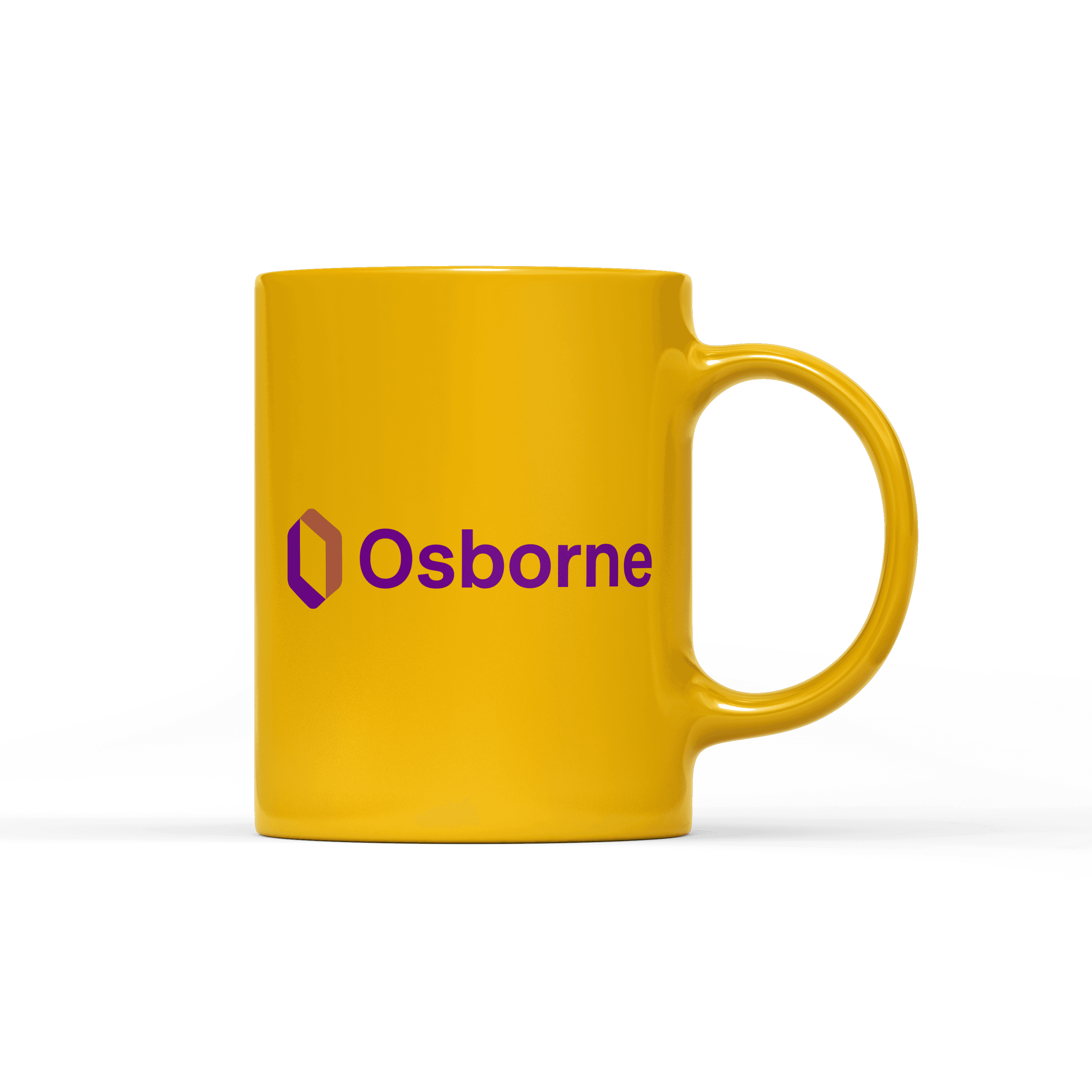 A bright yellow coffee mug with a purple logo and the word "Osborne" printed on one side. The handle is on the right, and the design is centered on the body of the mug. The background is white.