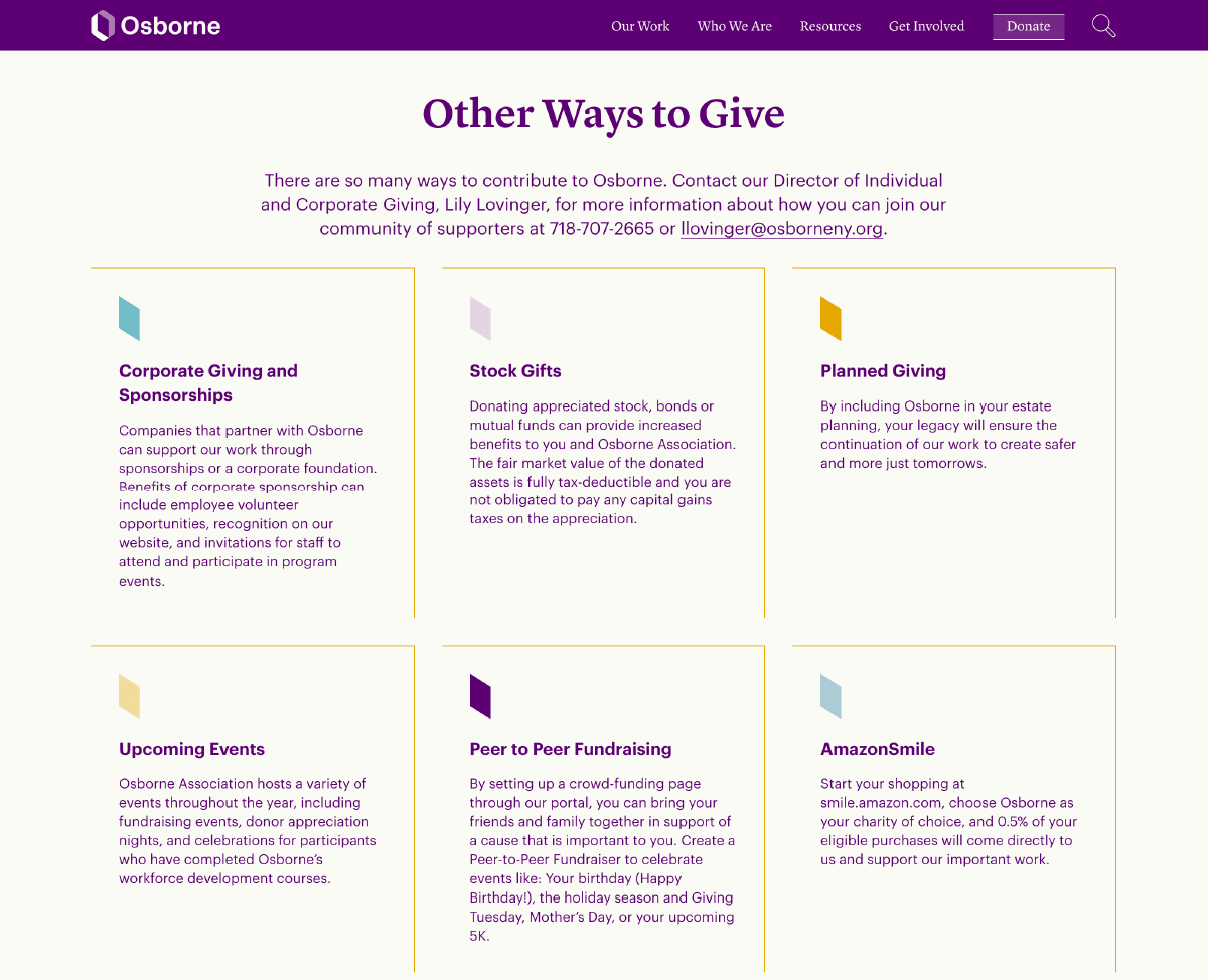 Image of a webpage titled "Other Ways to Give" from Osborne. It lists various options for contributing including Corporate Giving and Sponsorships, Stock Gifts, Planned Giving, Upcoming Events, Peer to Peer Fundraising, and AmazonSmile, each with a brief description.