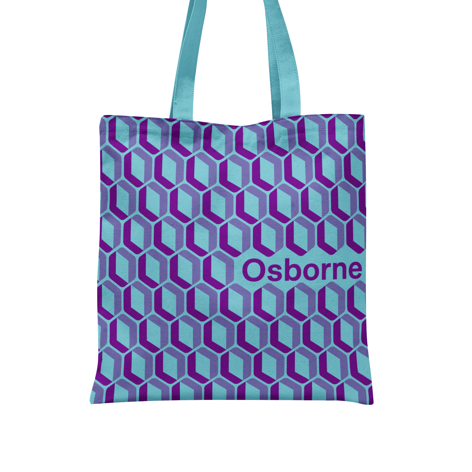 A tote bag with light blue handles and a geometric pattern featuring interlocking 3D shapes in purple and light blue. The word "Osborne" is printed in purple on the lower right side of the bag.