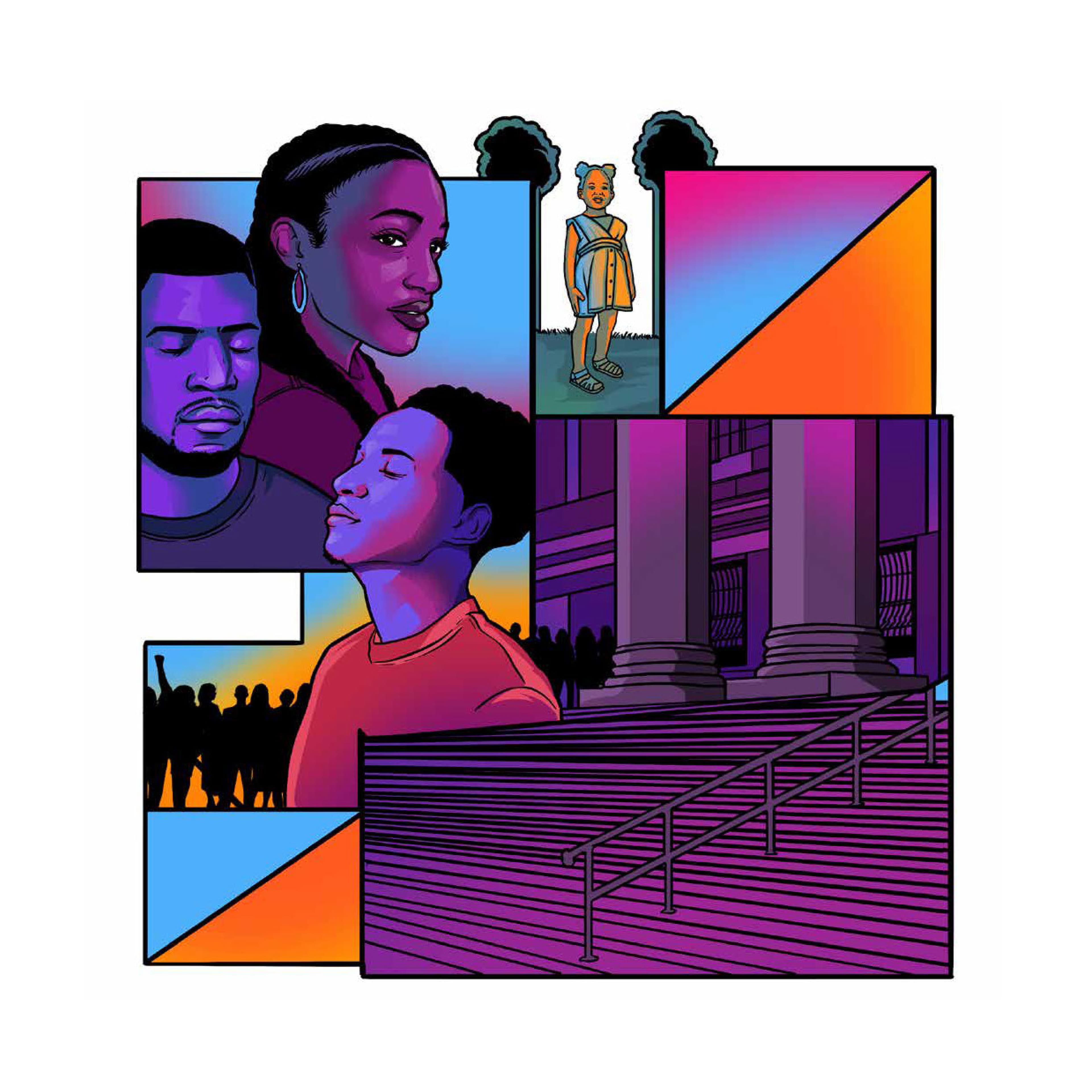 Digital artwork divided into multiple frames. One frame shows a pensive man and a woman, another features a child standing alone. The background includes a crowd silhouetted against a gradient sky and architectural columns with stairs. Bright, contrasting colors dominate.