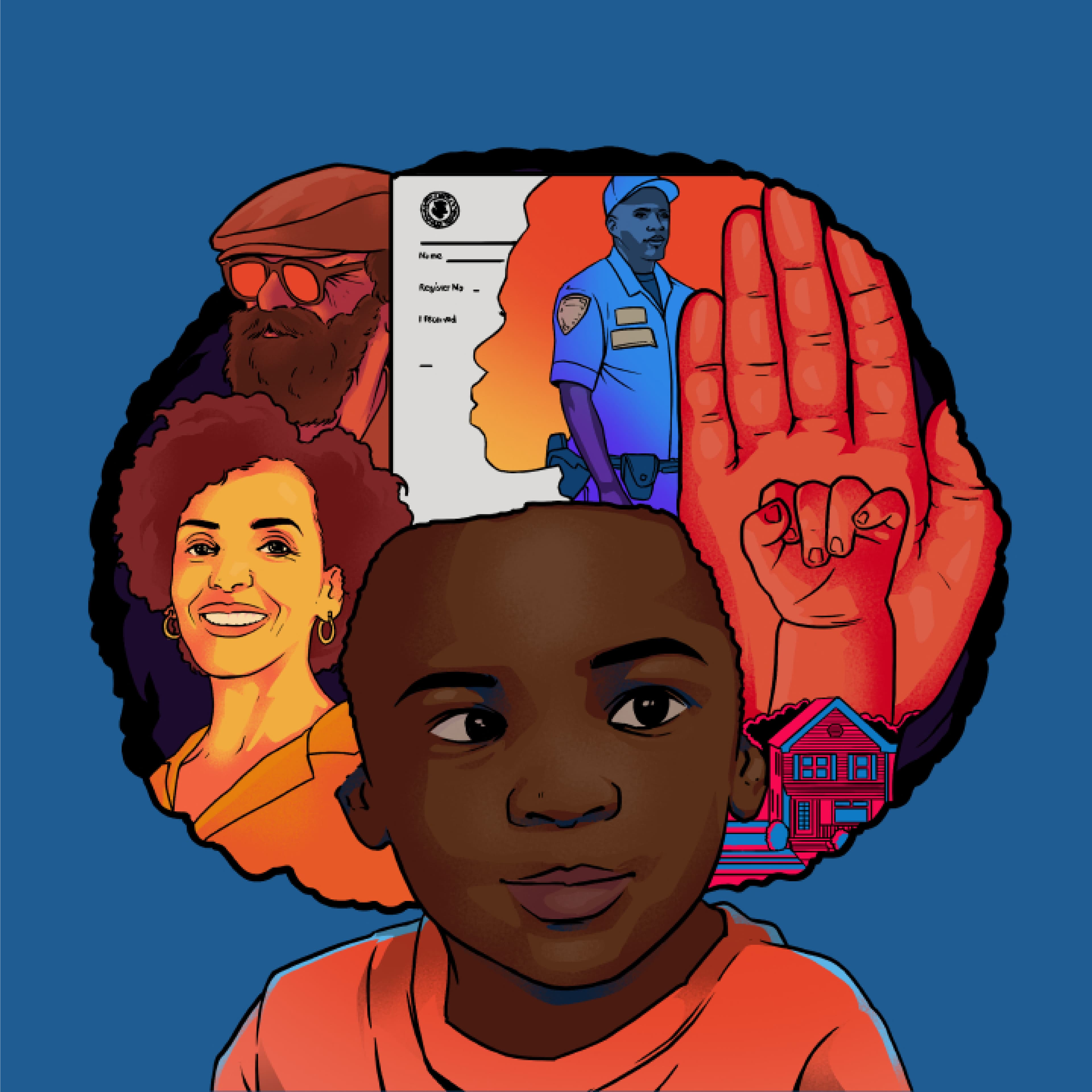 Illustration of a child in the foreground with expressive eyes. Behind them are diverse scenes: a smiling woman, a serious man with sunglasses and hat, a police officer, an official document, a hand with "Hope" written on the palm, and a house, all against a blue background.
