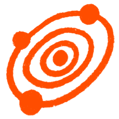 An orange illustration depicting an abstract orbital pattern with three circular shapes connected by three elliptical orbits, each encompassing the central circular shape.