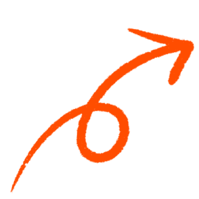A simple orange arrow on a white background. The arrow starts with a loop before pointing upwards and to the right. The loop and path before the arrowhead create a smooth, curving line.