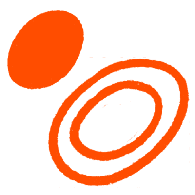 An abstract orange design featuring a large solid oval in the upper left, connected by a dotted line to two concentric, uneven rings in the lower right, forming a dynamic and artistic composition on a white background.