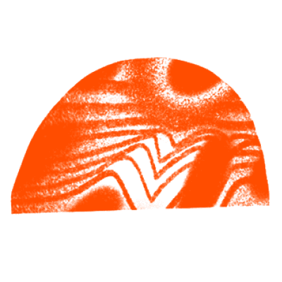 An abstract illustration of a half-circle shape in bright orange with black, irregular zigzag patterns inside the lower half of the semicircle. The design is bold with a strong contrast between the orange and black colors.