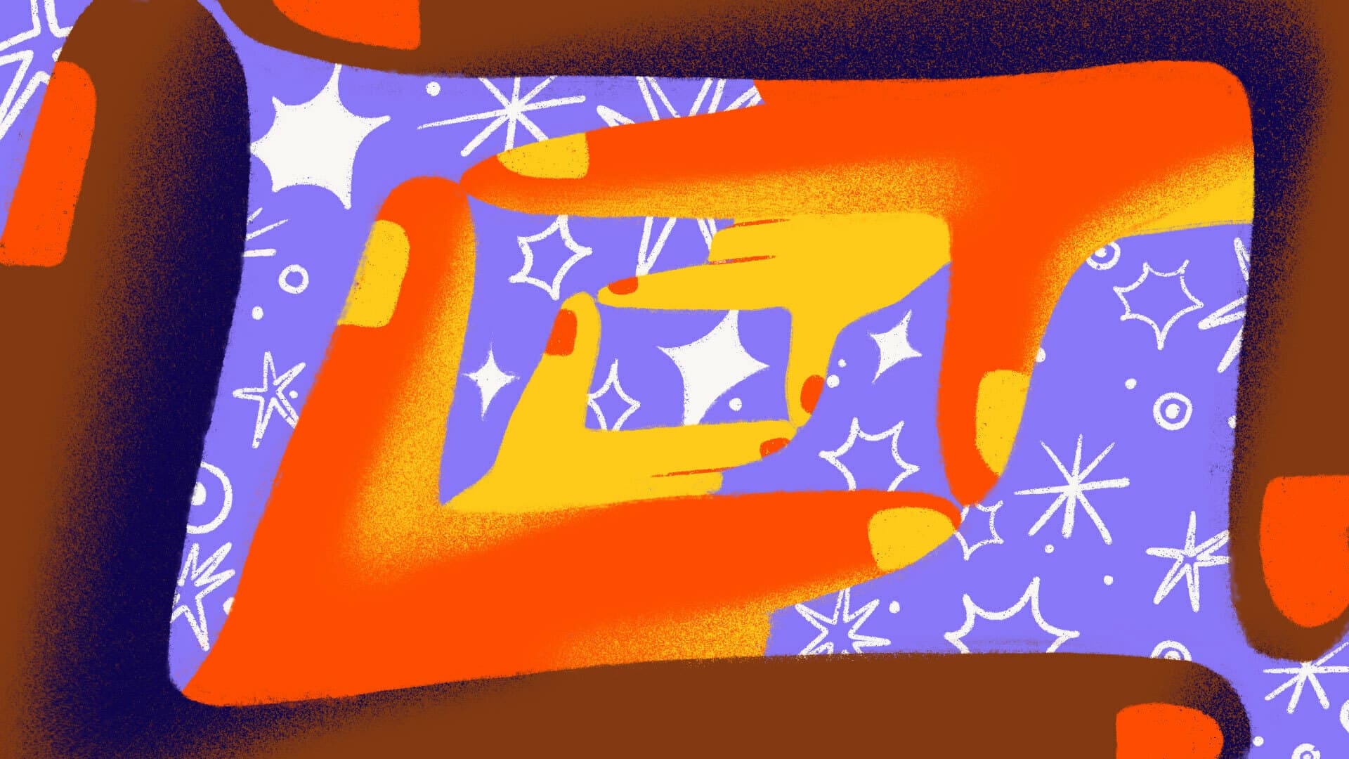 A stylized illustration of hands forming a repeating frame within a frame. The hands are in vibrant shades of yellow and orange, and the background is purple with white star and sparkle patterns. The hands appear to create an infinite loop effect.