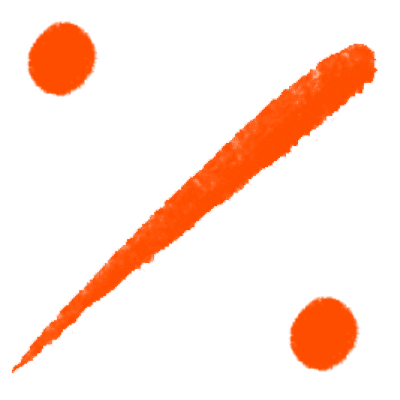 A bold, stylized orange percentage symbol. The diagonal line is thick and slightly rough in texture, and the two round dots at each end are solid and well-defined. The background is clear.