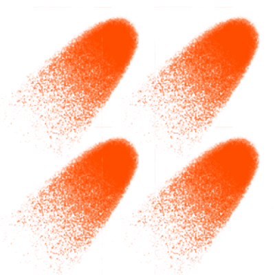 Abstract depiction of four orange spray-painted oval shapes arranged in a grid pattern on a black background, with a slight overlap and a gradient effect, creating various textures and shades within each shape.