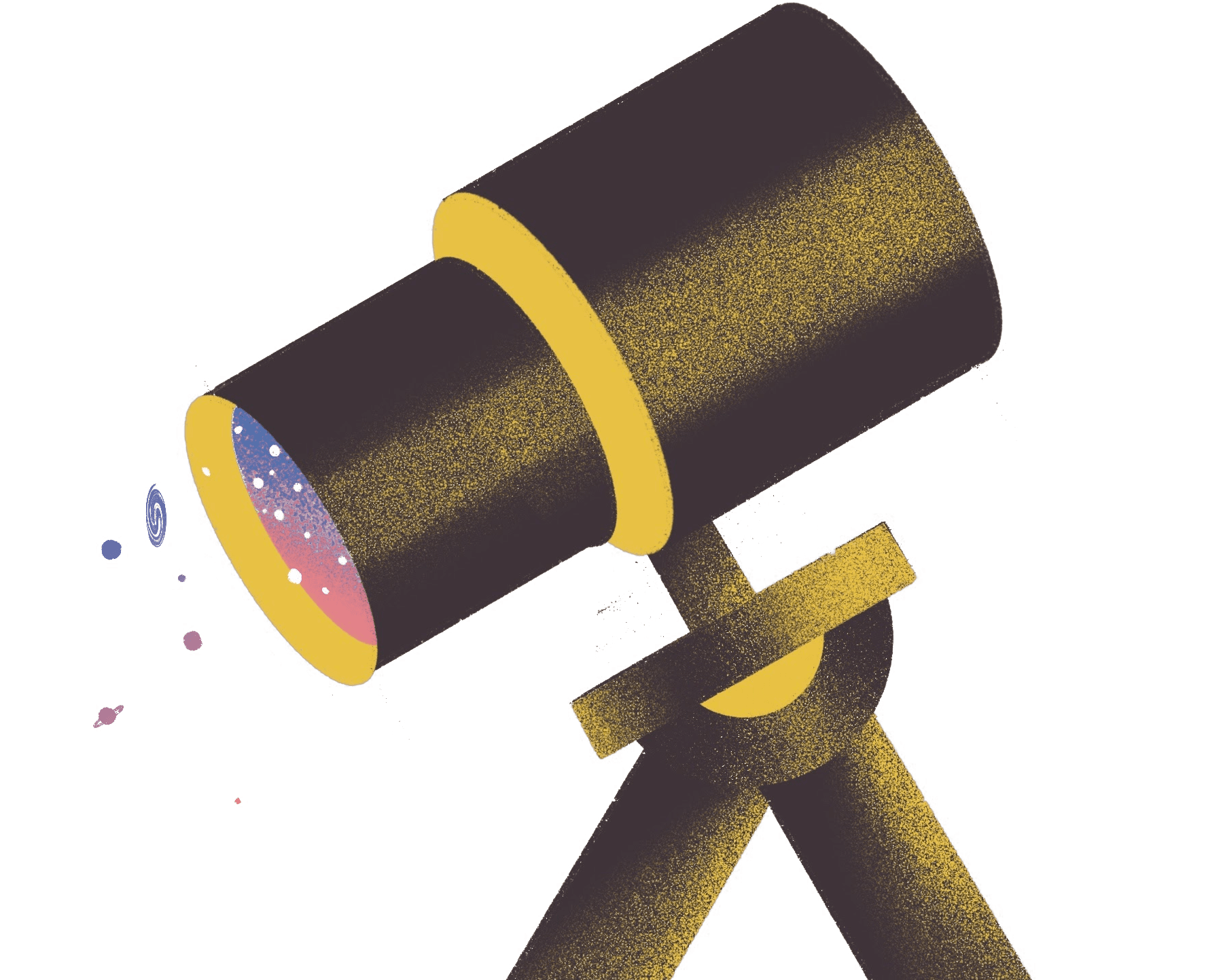 Illustration of a black telescope with yellow accents mounted on a tripod. The telescope is angled upwards, and its lens reveals a colorful, starry pattern, suggesting it is observing the night sky. A gradient square in pink and blue is in the background.