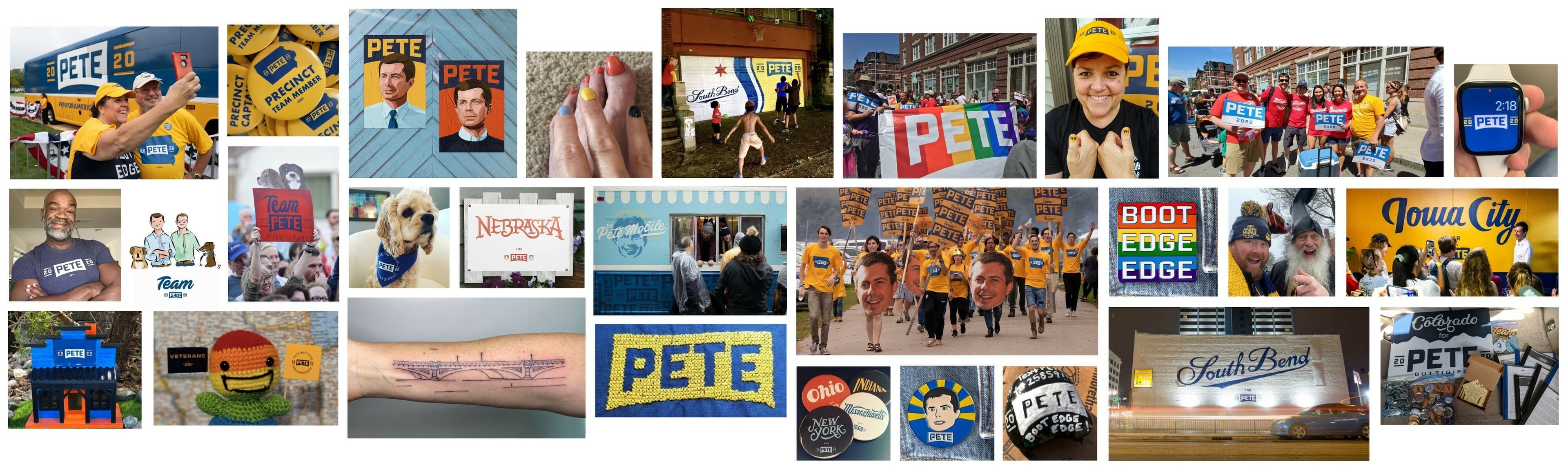 A collage of various images featuring "Pete" campaign materials, including signs, t-shirts, tattoos, buttons, and knitted items. Supporters are shown participating in rallies, holding signs, and displaying campaign symbols in diverse and creative ways.