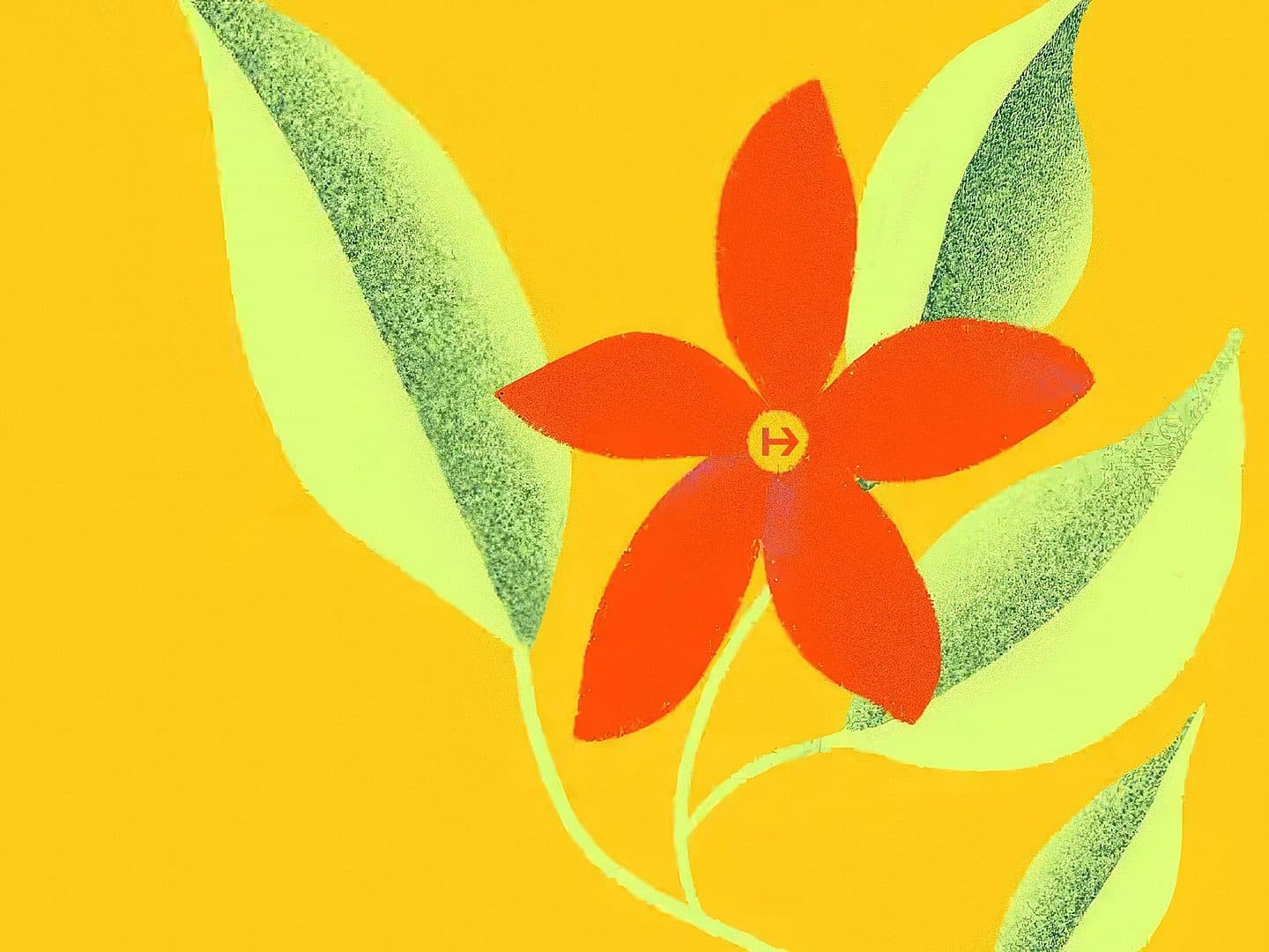 A simple illustration of a red five-petaled flower with a yellow center, surrounded by green leaves, set against a bright yellow background.
