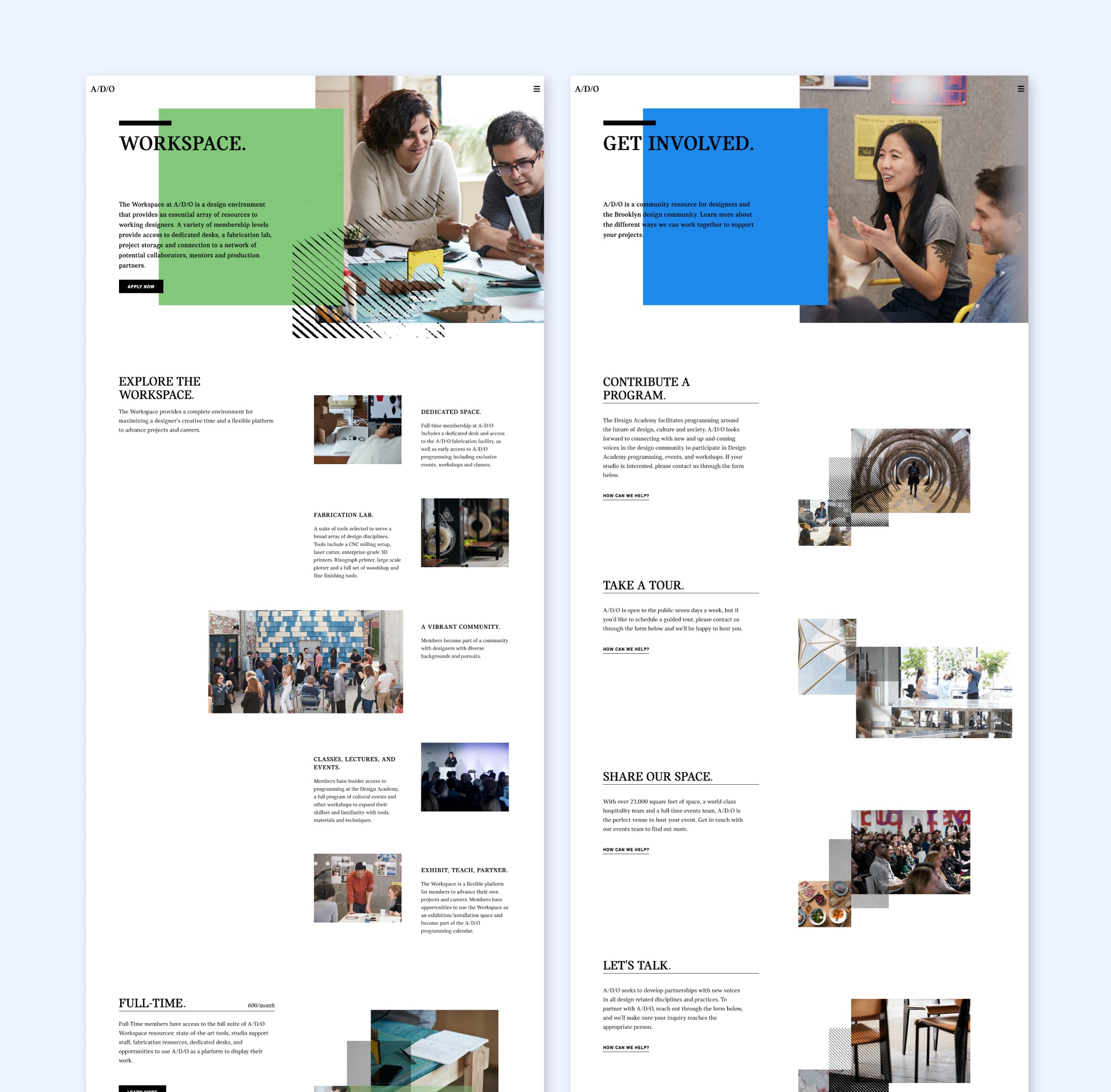 A two-page webpage layout. The left page has a green header titled "Workspace" with pictures of people working, desks, and communal areas. The right page has a blue header titled "Get Involved" with images of discussions, tours, art installations, and meetings.