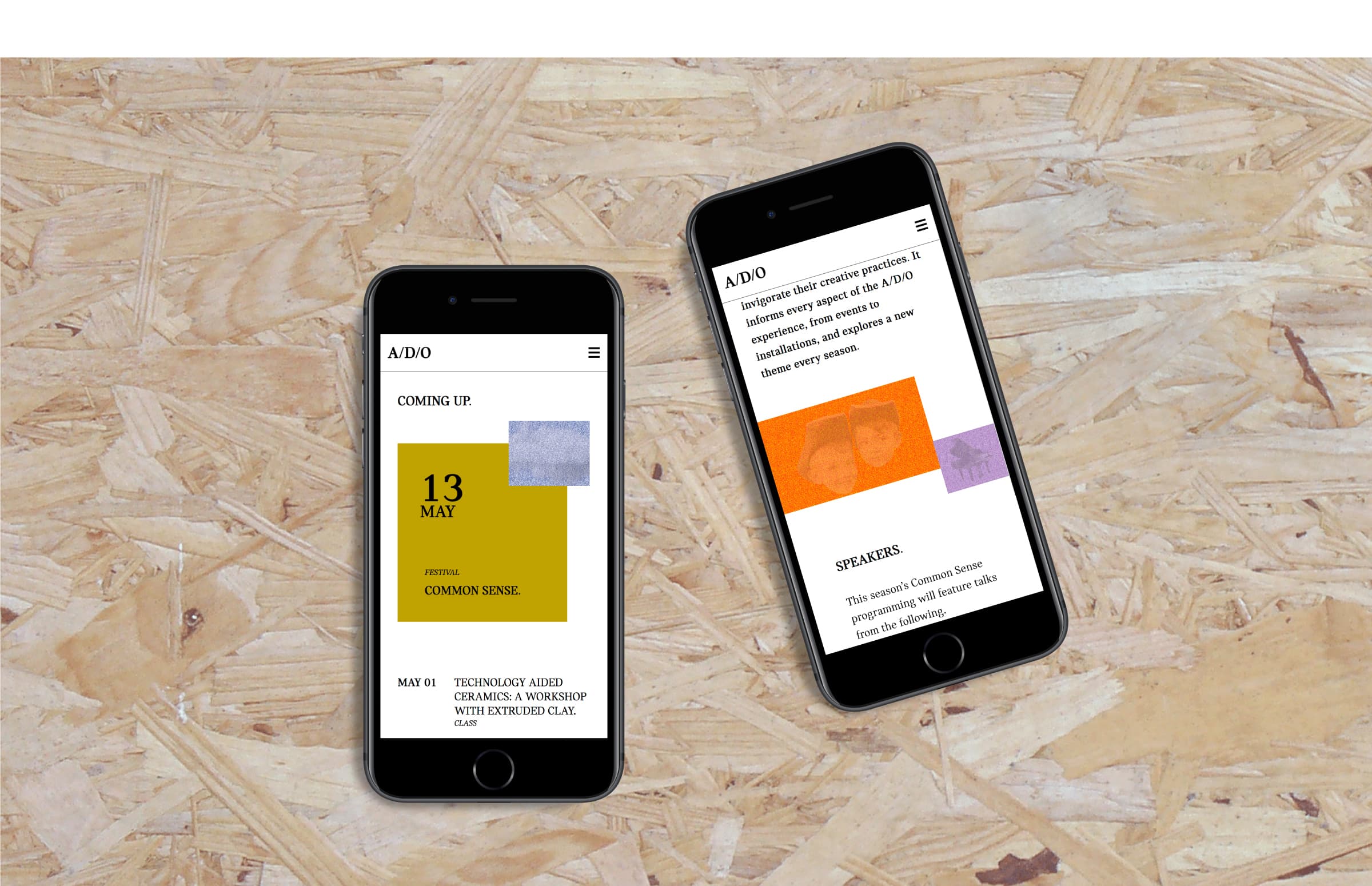 Two smartphones are placed on a textured wooden surface. The smartphone on the left displays a webpage with event details, including "13 May" and "COMMON SENSE." The right smartphone shows a webpage section titled "AD/O," and mentions topics like intelligence and ontology.