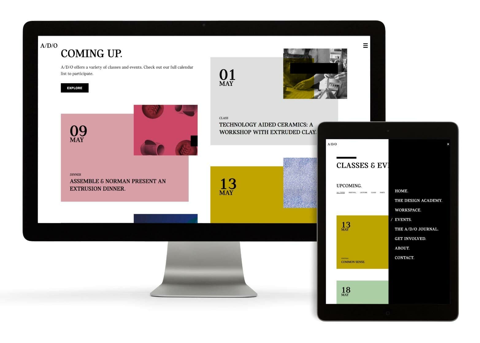 A computer monitor and tablet display a sleek website layout showcasing upcoming events, including an extension dinner on May 9th, a ceramics workshop on May 1st, and other classes and events in May. Each event is visually highlighted with images and dates.