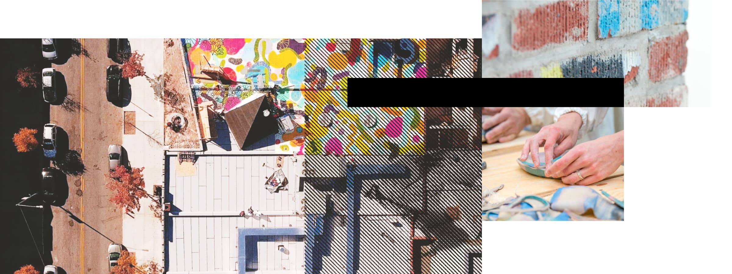 An aerial view of a colorful street mural and parked cars along a road on the left, with someone crafting a fabric item with their hands on the right. A black bar partially covers the middle section of the image. A brick wall can be seen partially in the upper right corner.