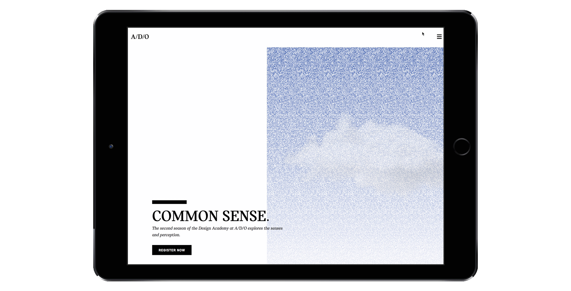 A tablet screen displaying a minimalist website with a large pixelated cloud image on the right half. The left side features the text "COMMON SENSE. The annual season of the Design Academy at ADI explores the senses and perception," with a "REGISTER NOW" button below.