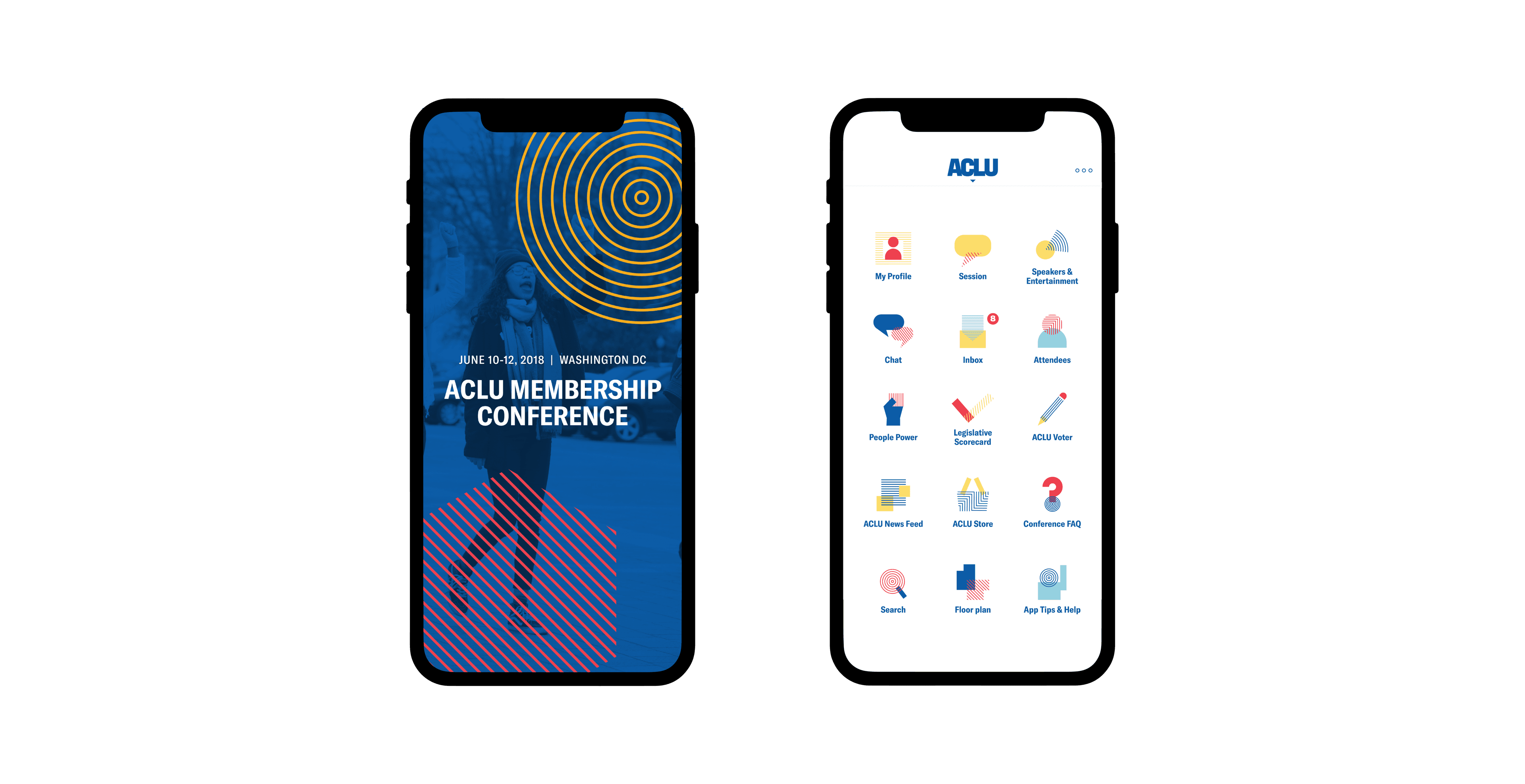 Two smartphone screens show content for the ACLU Membership Conference. The left screen has a colorful, abstract design with location and date details. The right screen displays an app with icons for various features such as My Profile, Schedule, Chat, and Map.