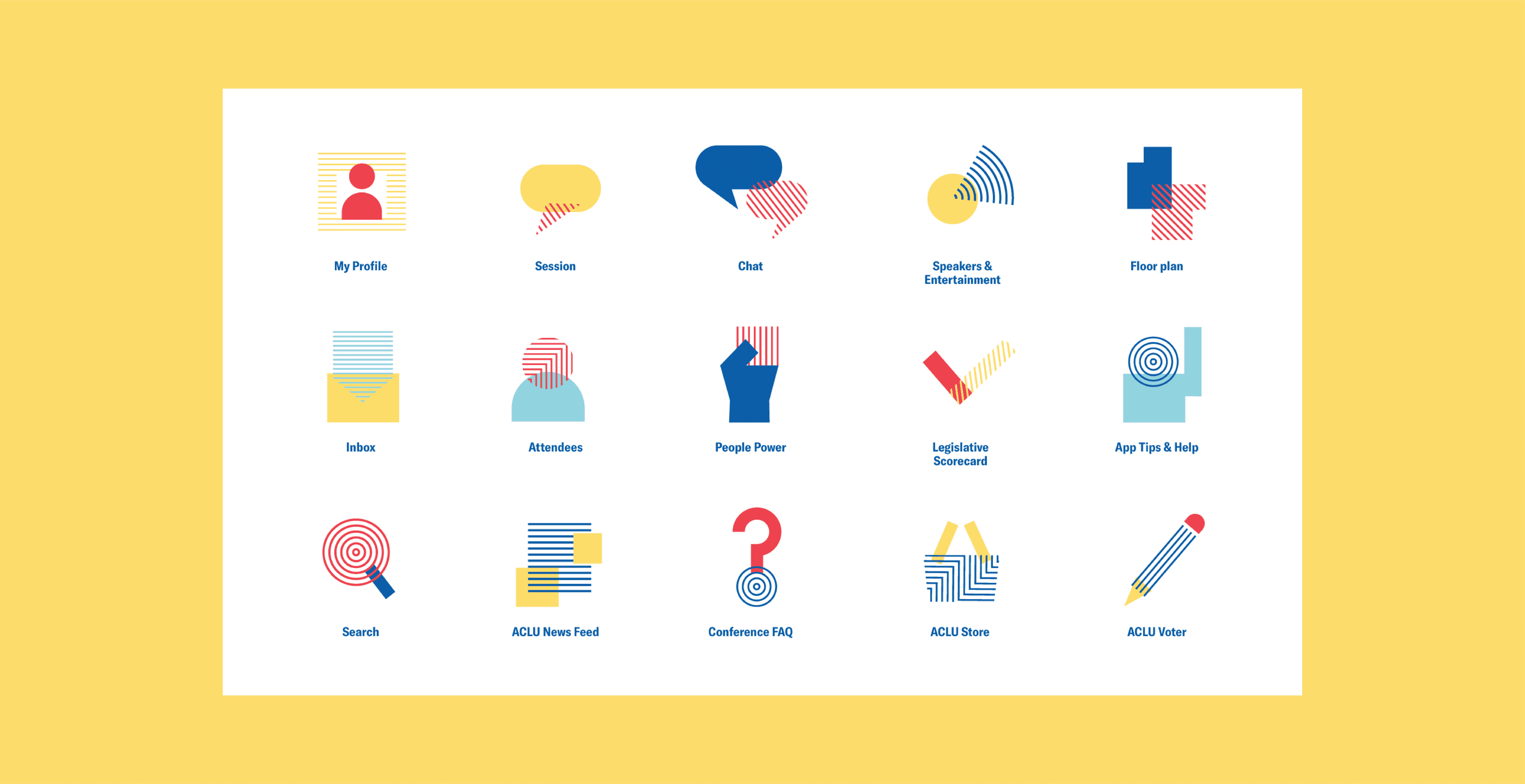 A grid of sixteen colorful icons on a white background with yellow borders. Icons include representations of a profile, session, chat, speakers/entertainment, floor plan, index, attendees, people power, legislative scorecard, app tips, search, news feed, conference, store, and voter.