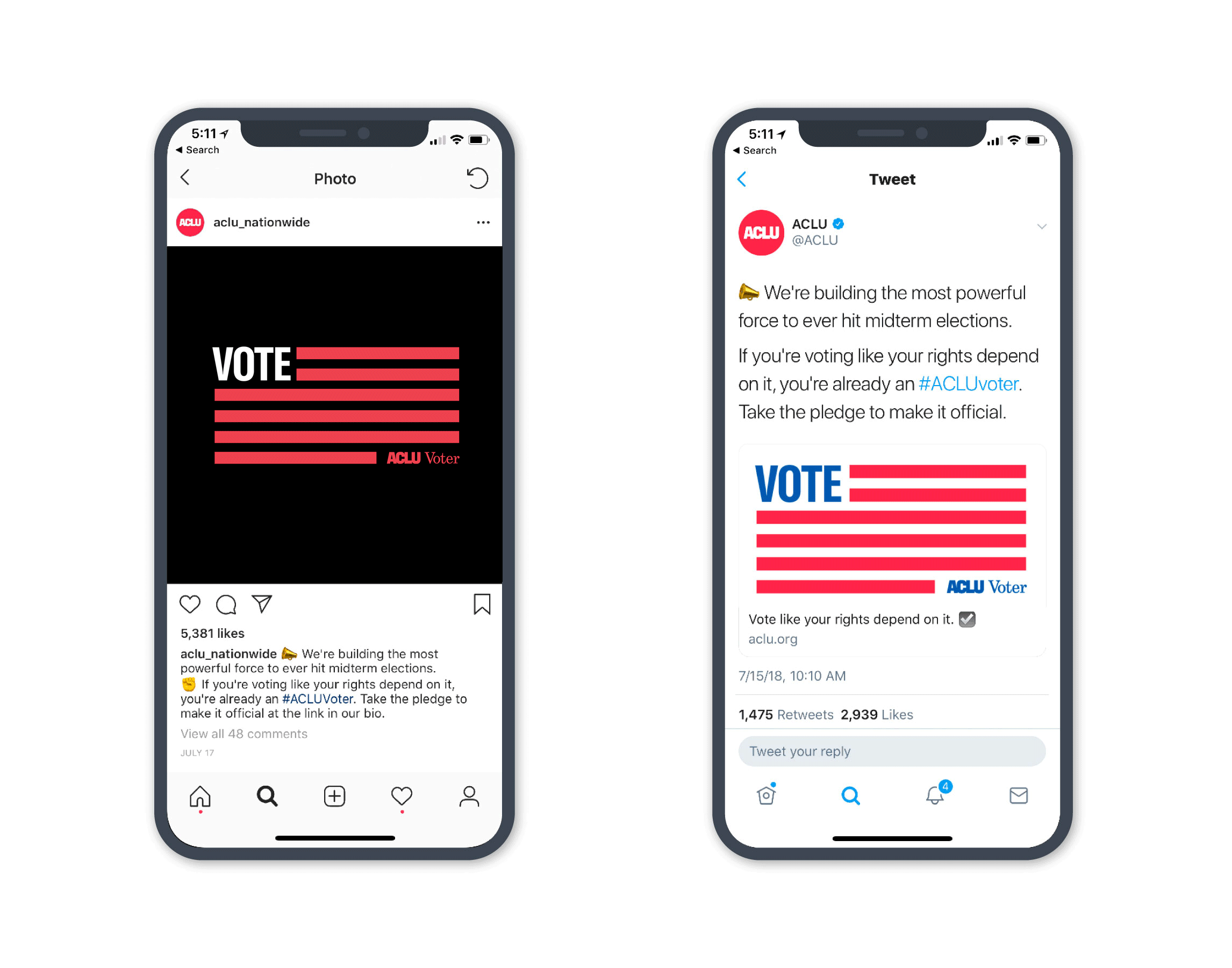 An Instagram post and a Tweet displayed on smartphones show a graphic with "VOTE" in bold white lettering and red stripes resembling the U.S. flag. Both captions encourage voting and highlight a pledge to make voting rights official.