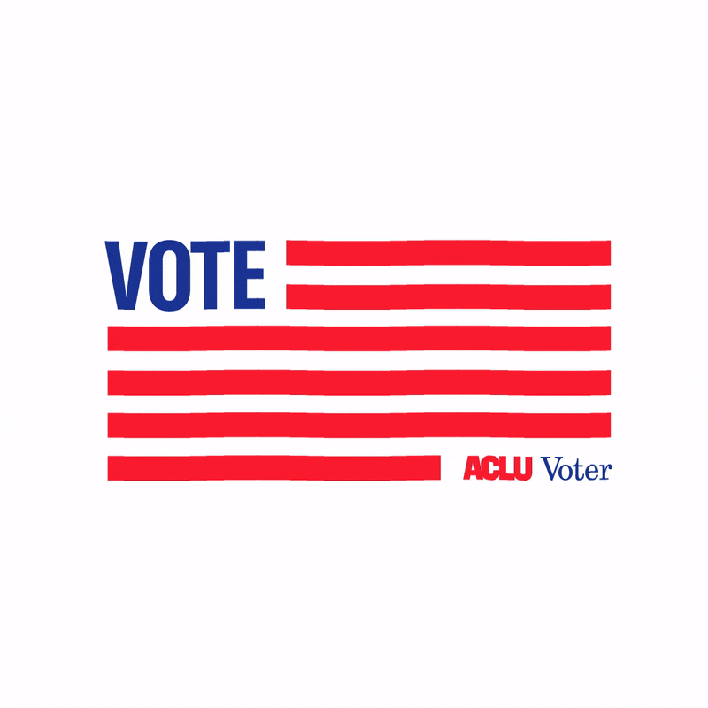 Image of a stylized American flag with the word "VOTE" in blue as the top left corner, and red stripes on a white background. The bottom right corner features the text "ACLU Voter" in red and blue.