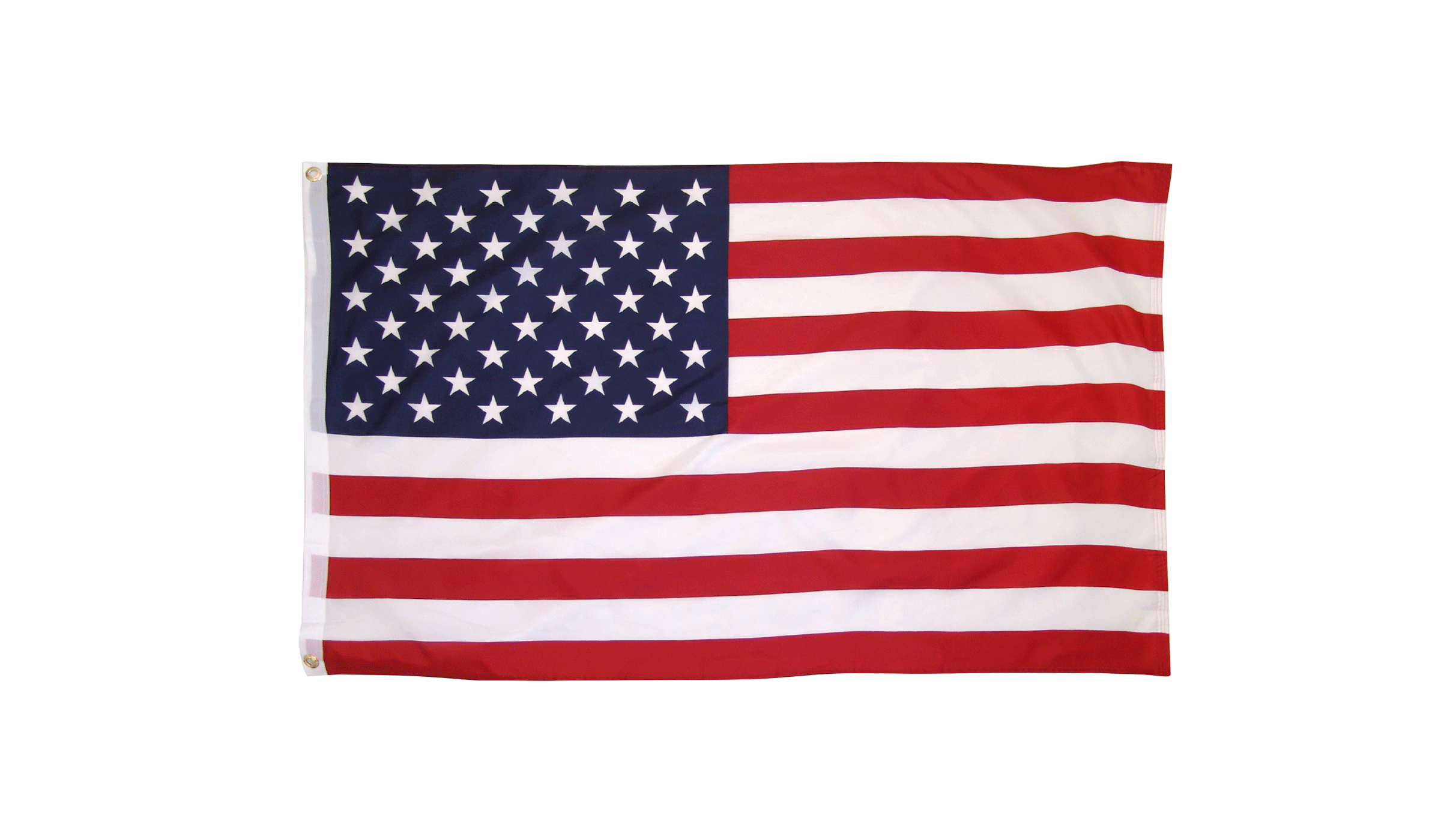 The image shows the flag of the United States of America. It features 13 alternating red and white stripes and a blue rectangle in the top left corner with 50 white stars arranged in nine rows of alternating five and six stars.