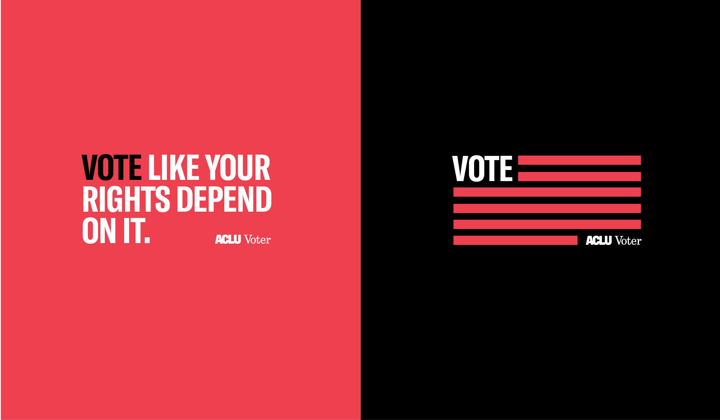 Split image with red and black backgrounds. On the left, white text reads "Vote like your rights depend on it." On the right, "Vote" in white text with red stripes forming a flag under it. Both sides feature "ACLU Voter" beneath the main text.