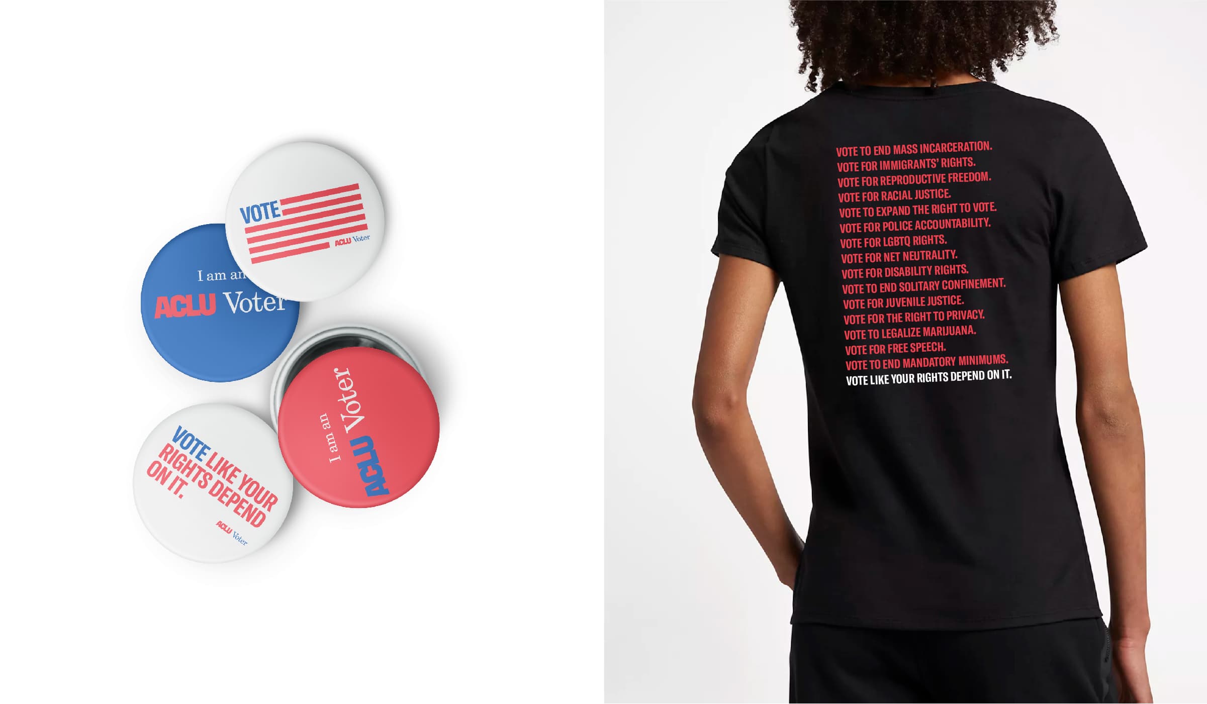 A collection of round buttons, predominantly red, white, and blue, with voting-related messages on the left. On the right, a person wearing a black t-shirt with red and white text that emphasizes the importance of voting.