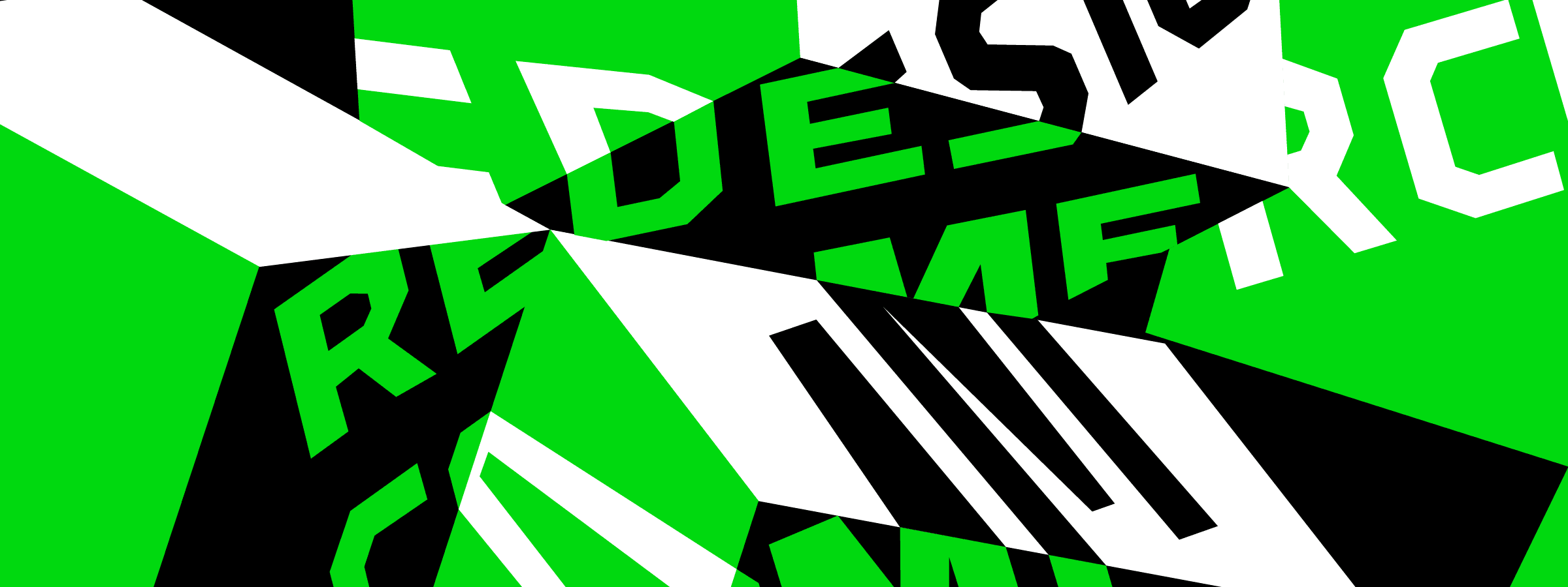 Abstract graphic art featuring fragmented and overlapping black-and-white text on a green background. The texts appear distorted and partially obscured, creating a dynamic and chaotic visual effect.