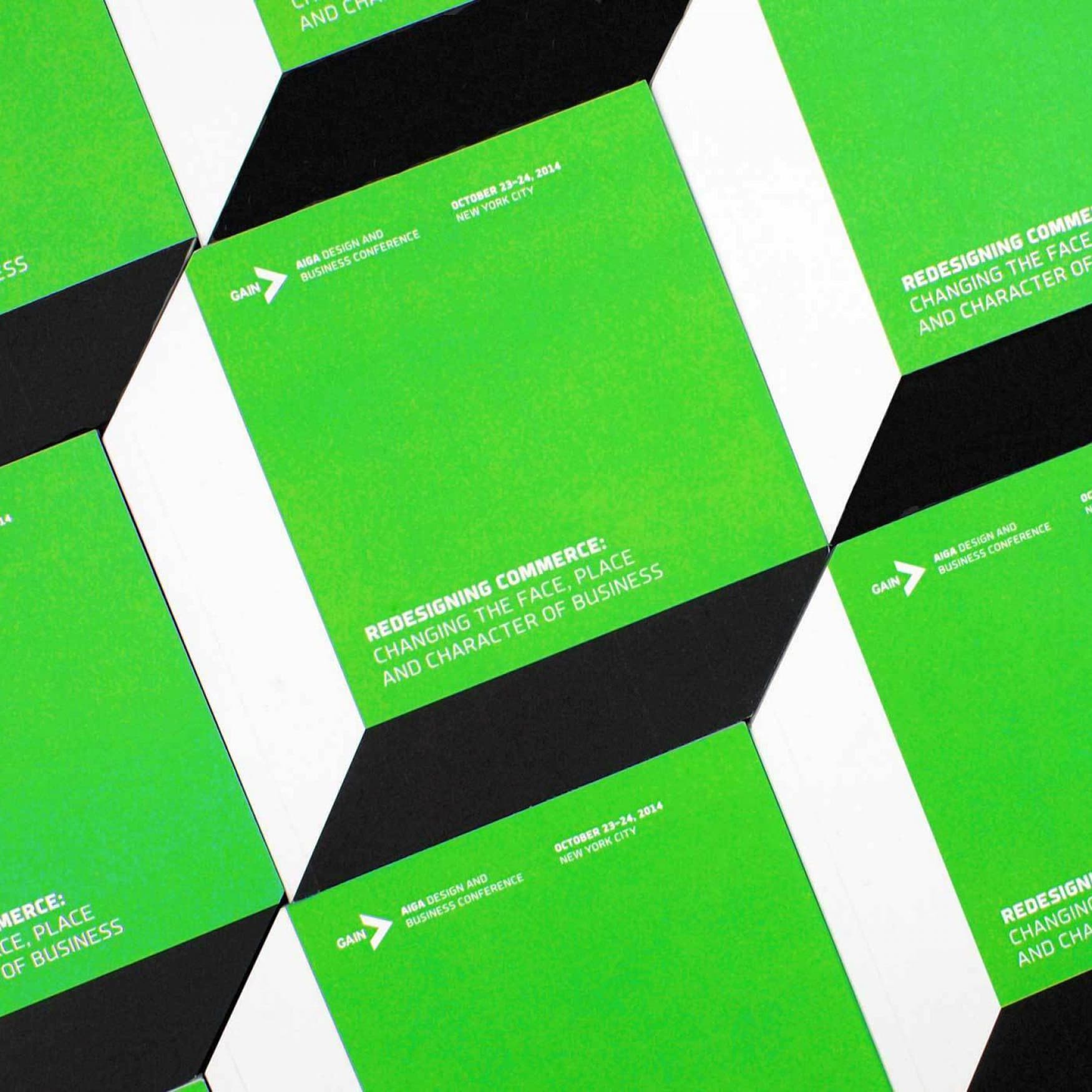 A green and black geometric design featuring text that reads, "REDESIGNING COMMERCE: CHANGING THE FACE, PLACE, AND CHARACTER OF BUSINESS" along with dates and location details. The pattern is repeated across the image with slight variations in orientation.