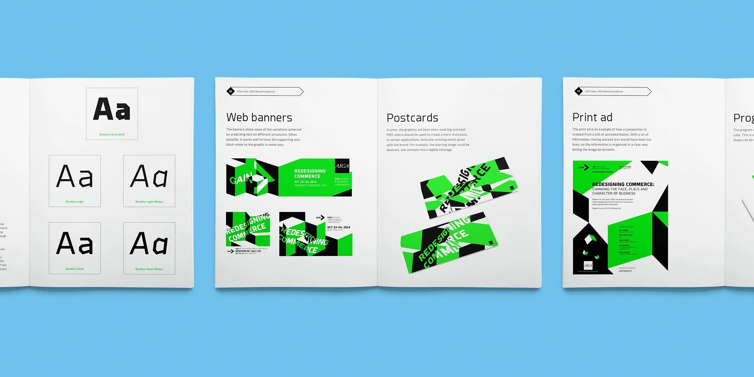 An image of an open brand guideline book displayed on a light blue surface. The pages show font styles, web banner examples, postcard layouts, a print advertisement, and a project overview, predominantly using black, white, and green colors on the designs.
