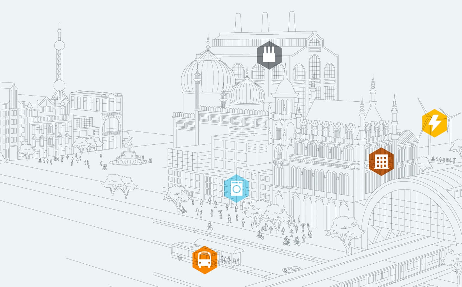 A line drawing of a cityscape features various buildings and icons. Buildings include a large domed structure, a Gothic-style building, and a tower. Icons overlaid show a house, a plug, a washing machine, and other symbols. Several people and a transport line are visible.
