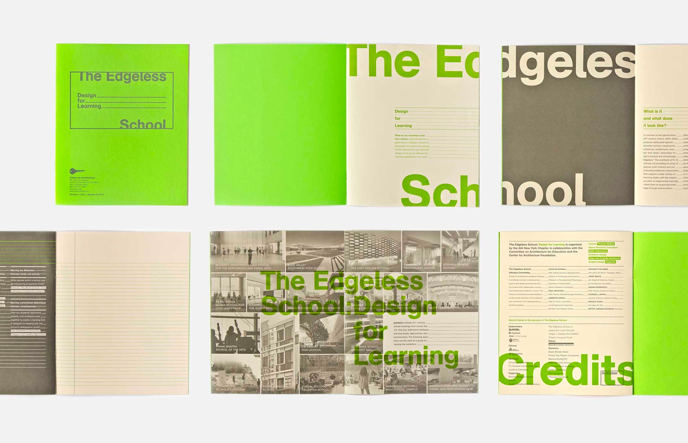 A series of booklets titled "The Edgeless School: Design for Learning" are displayed. Each booklet features bold typography and a green and beige color scheme. Some booklets are opened, showing grids of photos, text blocks, and lists of credits inside.