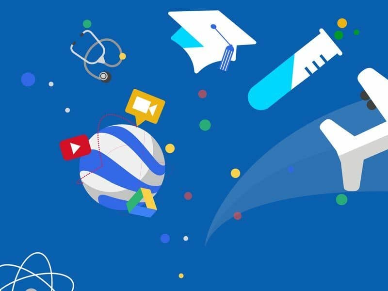 A blue background featuring various educational and technological icons, including a globe with a YouTube logo, a graduation cap, a stethoscope, a test tube, and an airplane. Colorful dots are scattered throughout the image, adding a playful touch.