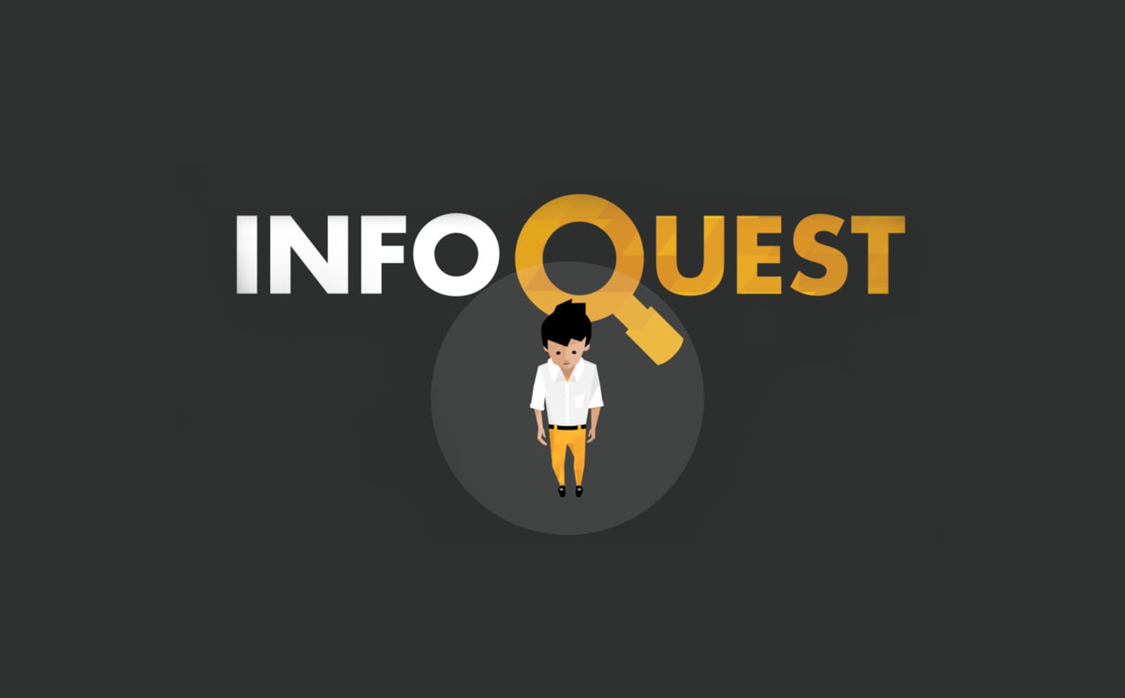 A graphic with a dark background, featuring the text "INFO QUEST." The letter "Q" resembles a magnifying glass. Beneath the "Q" is an illustration of a person wearing an open white shirt and orange pants, viewed from the front.